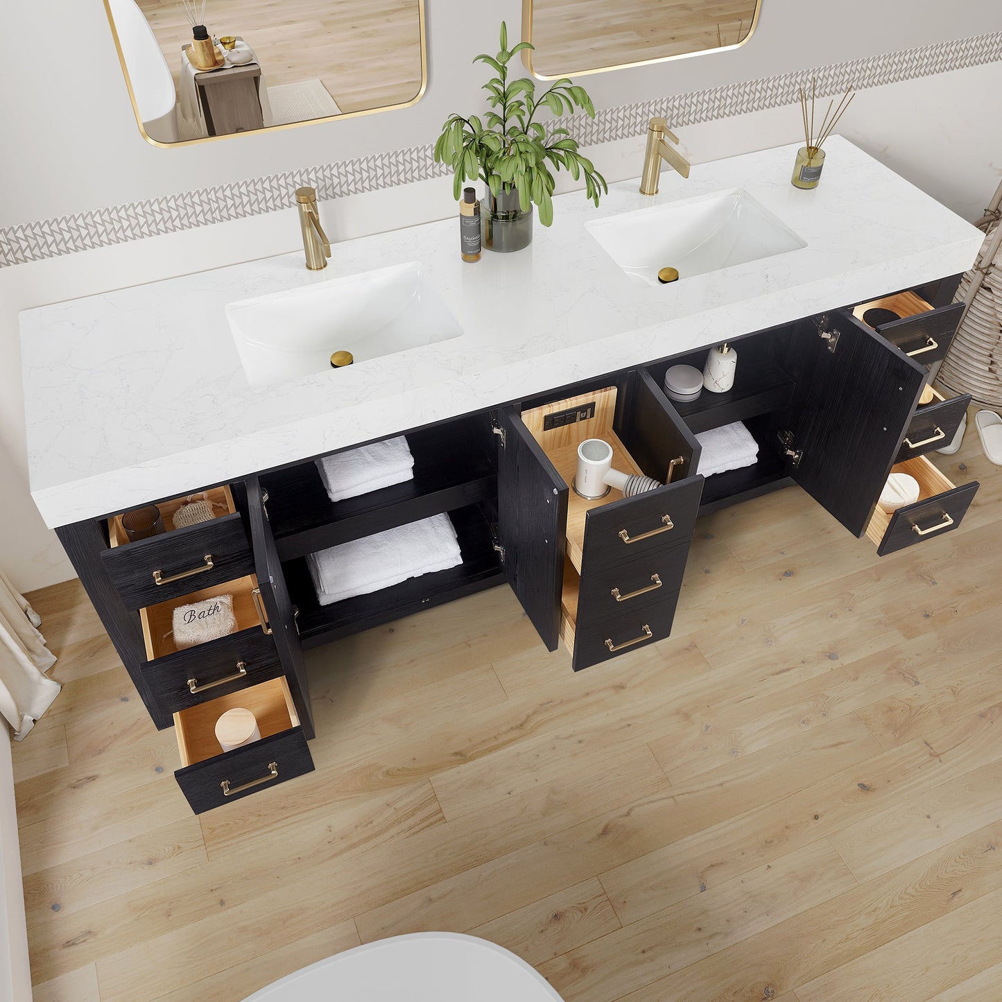 León 84in. Free-standing Double Bathroom Vanity in Fir Wood Black with Composite top in Lightning White