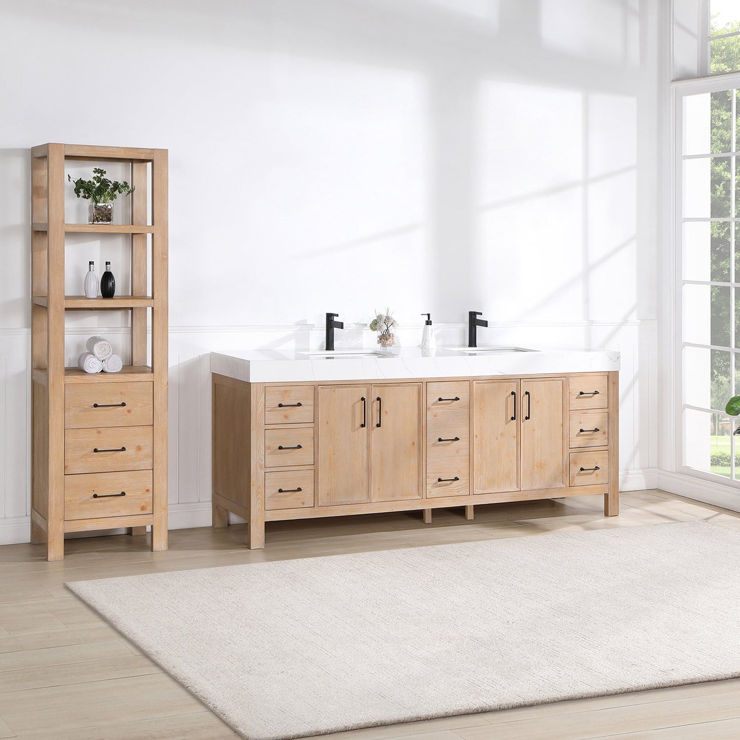 León 84in. Free-standing Double Bathroom Vanity in Fir Wood Brown with Composite top in Lightning White