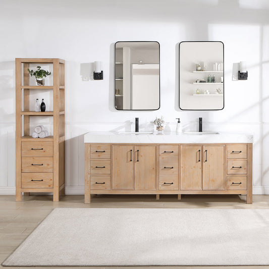 León 84in. Free-standing Double Bathroom Vanity in Fir Wood Brown with Composite top in Lightning White