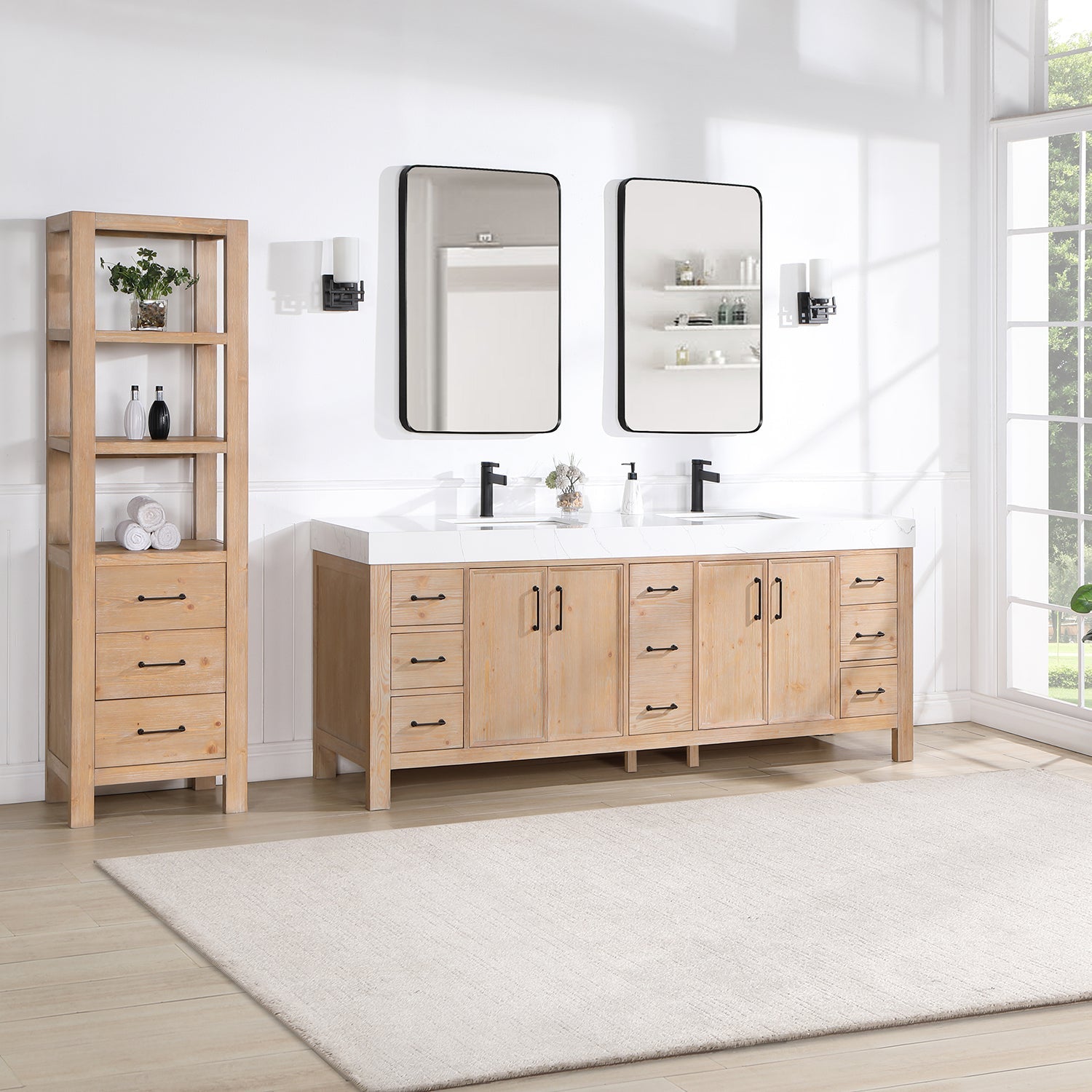 León 84in. Free-standing Double Bathroom Vanity in Fir Wood Brown with Composite top in Lightning White