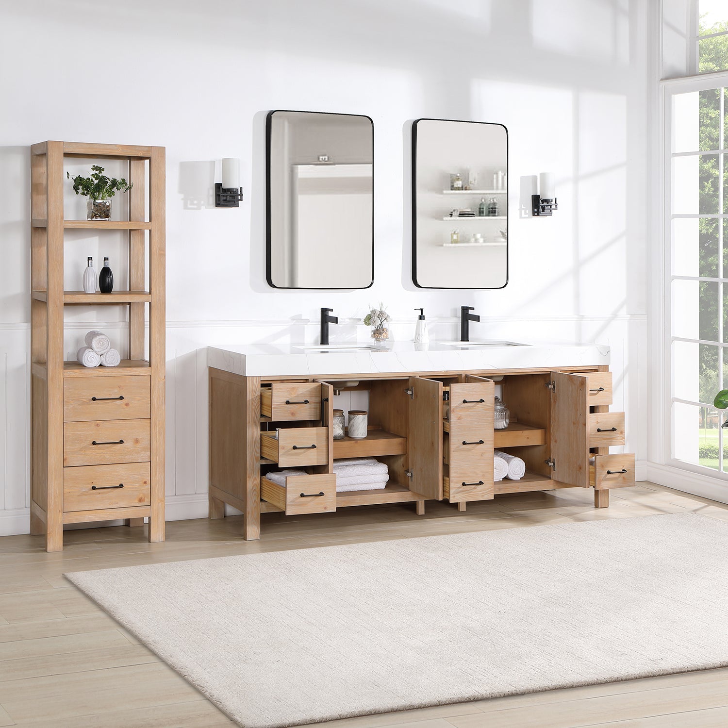 León 84in. Free-standing Double Bathroom Vanity in Fir Wood Brown with Composite top in Lightning White