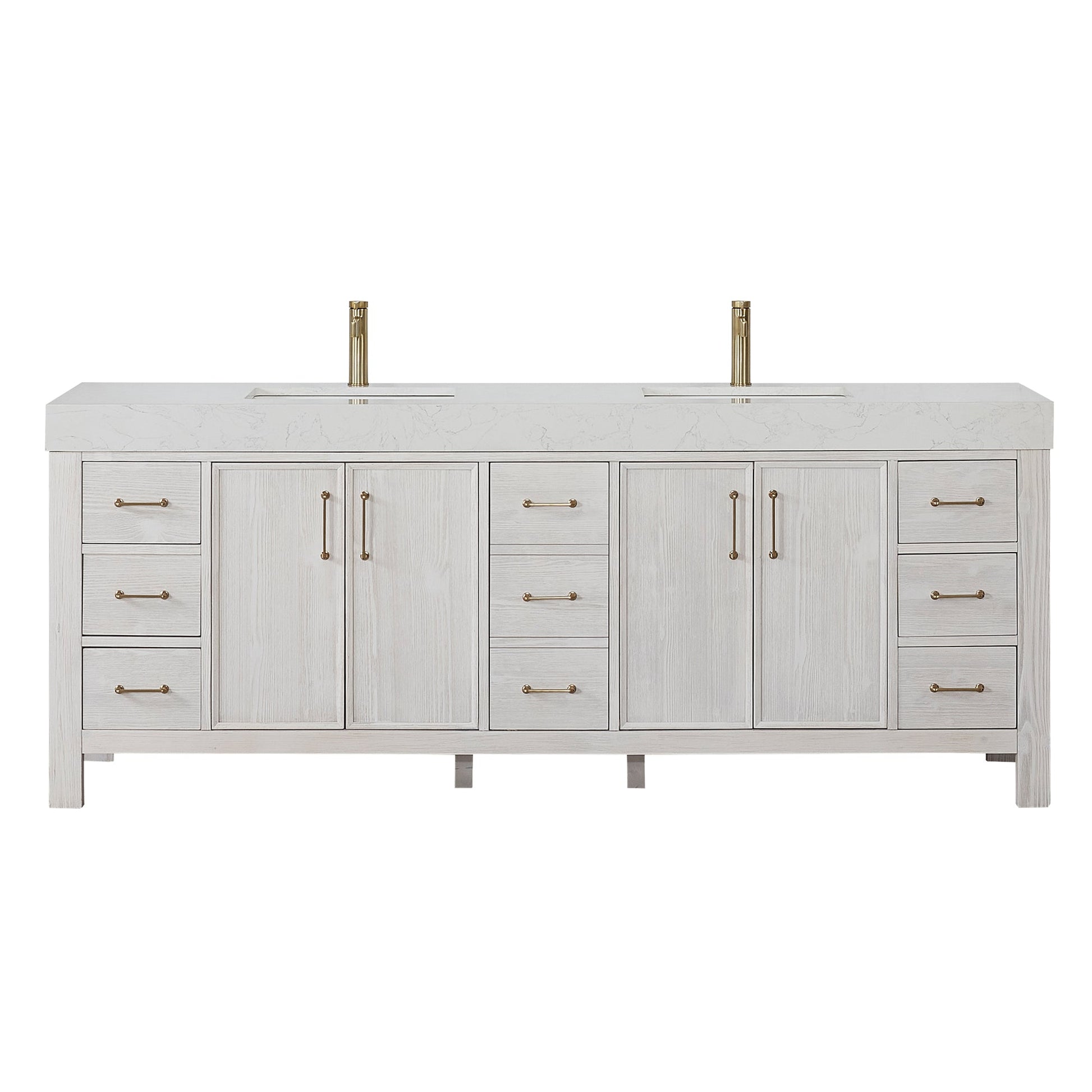 León 84in. Free-standing Double Bathroom Vanity in Washed White with Composite top in Lightning White