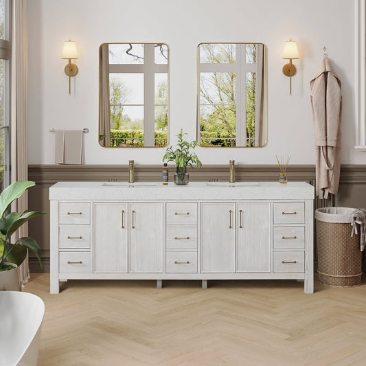 León 84in. Free-standing Double Bathroom Vanity in Washed White with Composite top in Lightning White