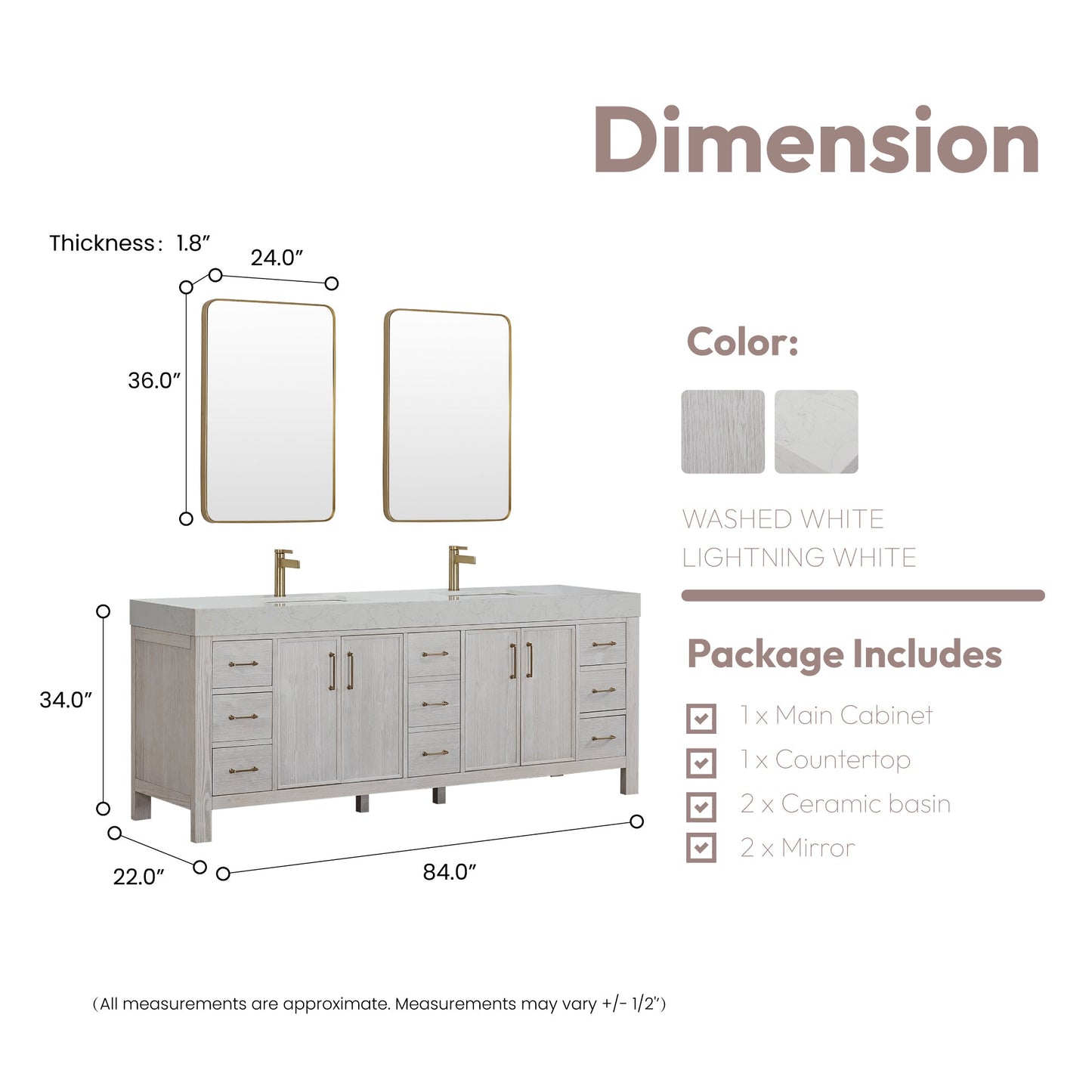 León 84in. Free-standing Double Bathroom Vanity in Washed White with Composite top in Lightning White