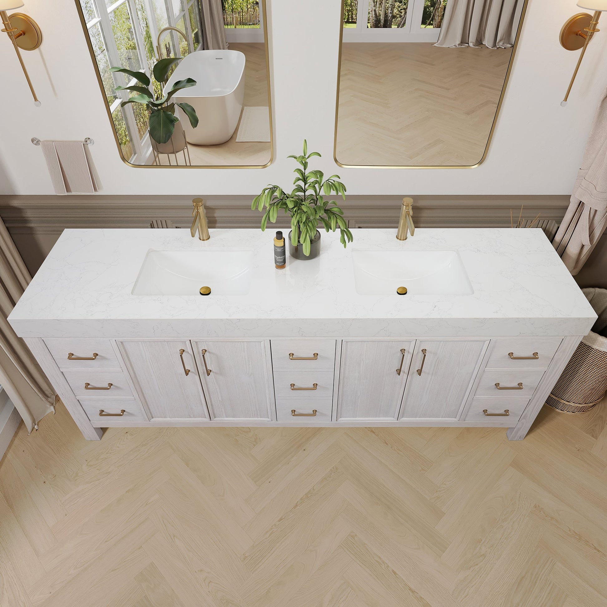 León 84in. Free-standing Double Bathroom Vanity in Washed White with Composite top in Lightning White