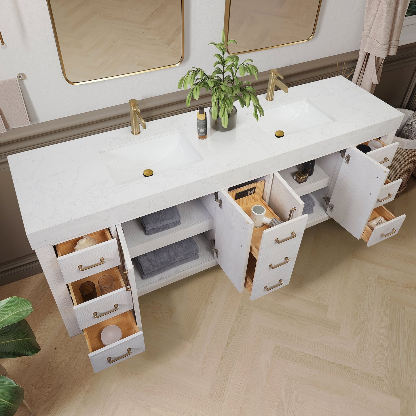 León 84in. Free-standing Double Bathroom Vanity in Washed White with Composite top in Lightning White