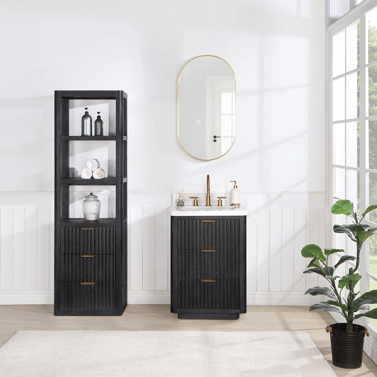 Cádiz 24in. Free-standing Single Bathroom Vanity in Fir Wood Black with Composite top in Lightning White