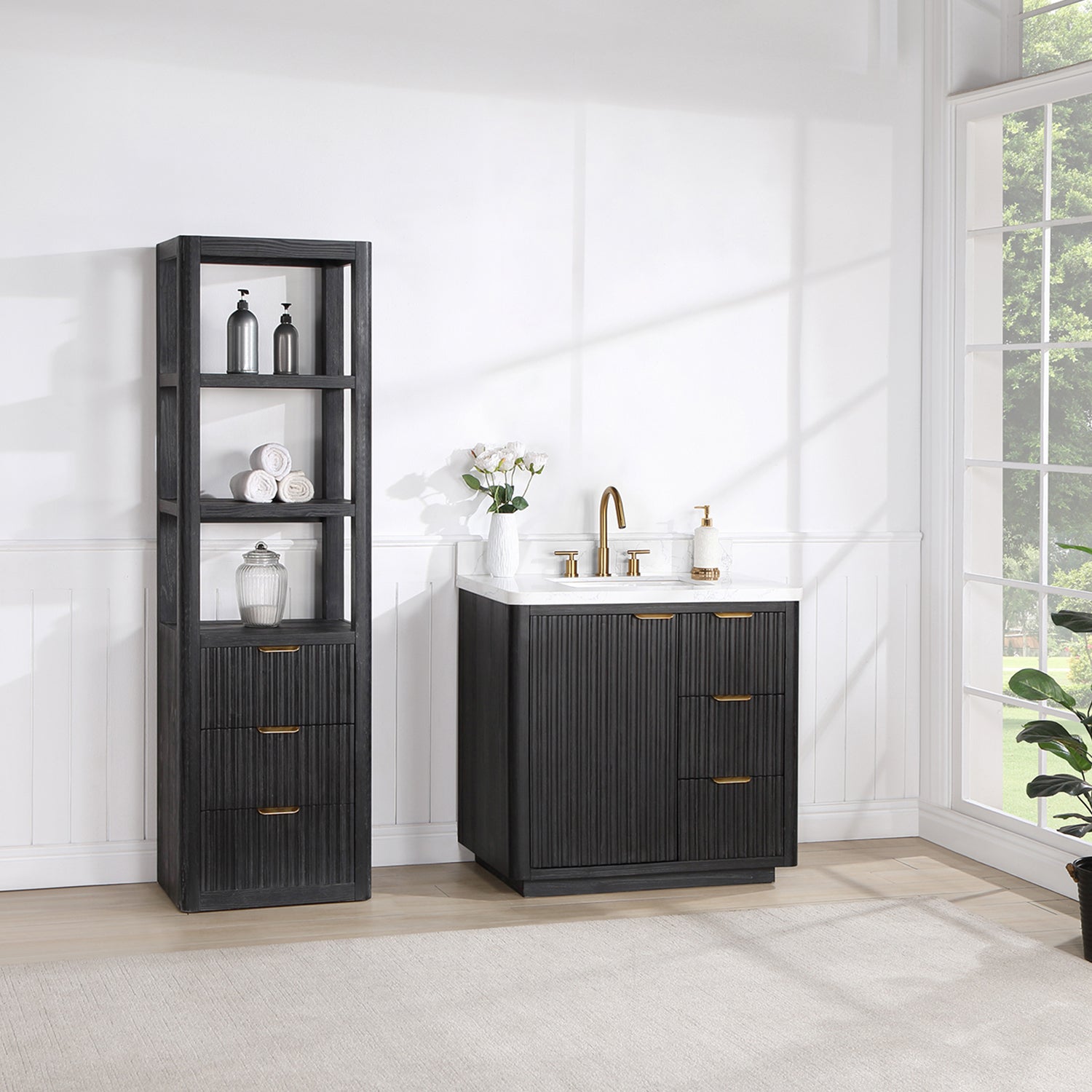 Cádiz 36in. Free-standing Single Bathroom Vanity in Fir Wood Black with Composite top in Lightning White