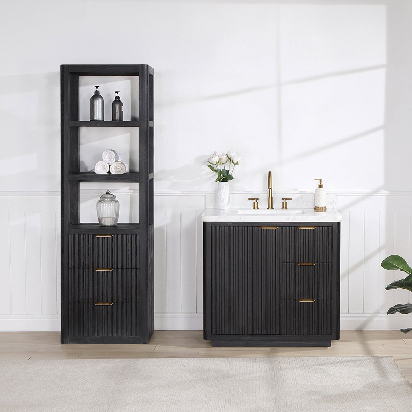 Cádiz 36in. Free-standing Single Bathroom Vanity in Fir Wood Black with Composite top in Lightning White