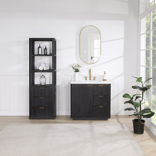 Cádiz 36in. Free-standing Single Bathroom Vanity in Fir Wood Black with Composite top in Lightning White