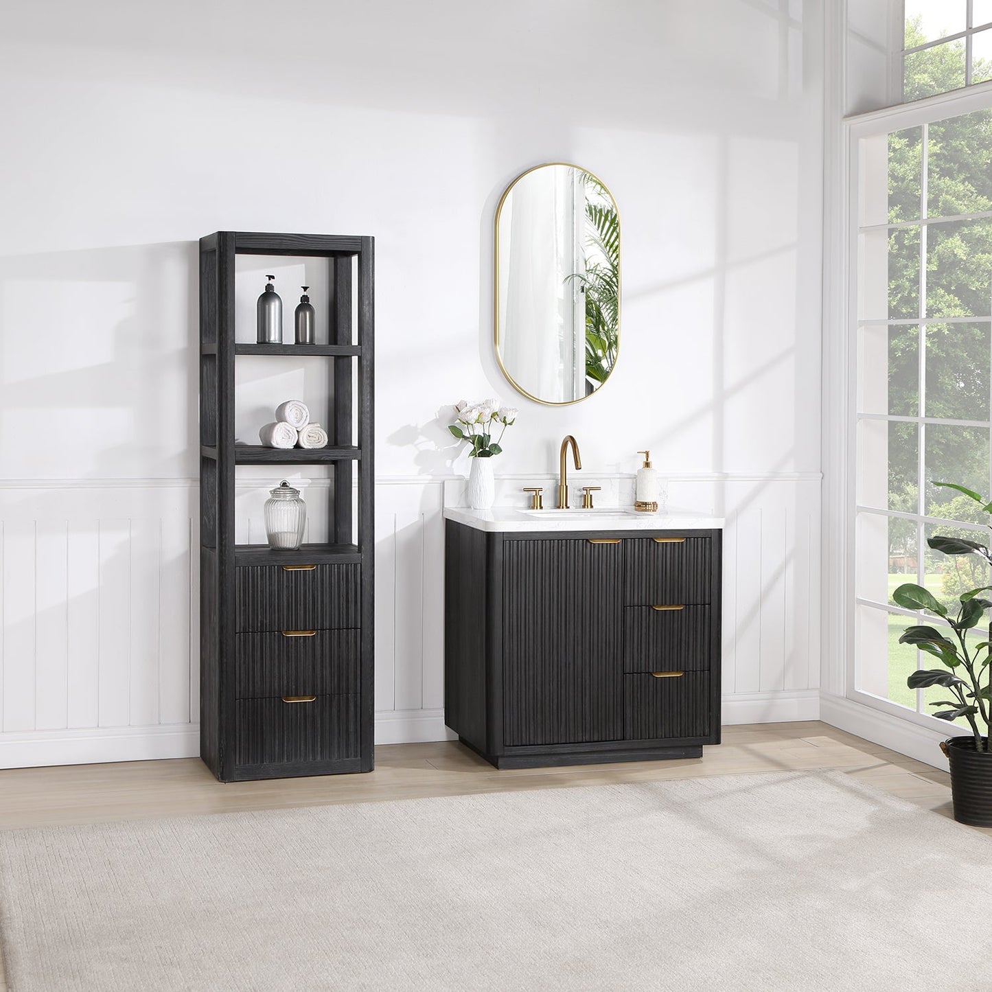 Cádiz 36in. Free-standing Single Bathroom Vanity in Fir Wood Black with Composite top in Lightning White