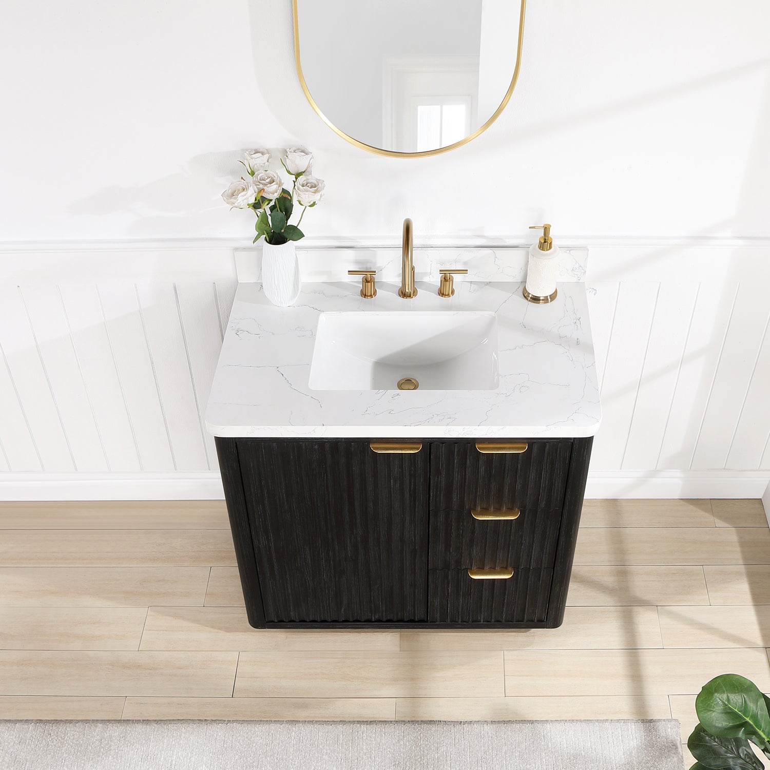 Cádiz 36in. Free-standing Single Bathroom Vanity in Fir Wood Black with Composite top in Lightning White