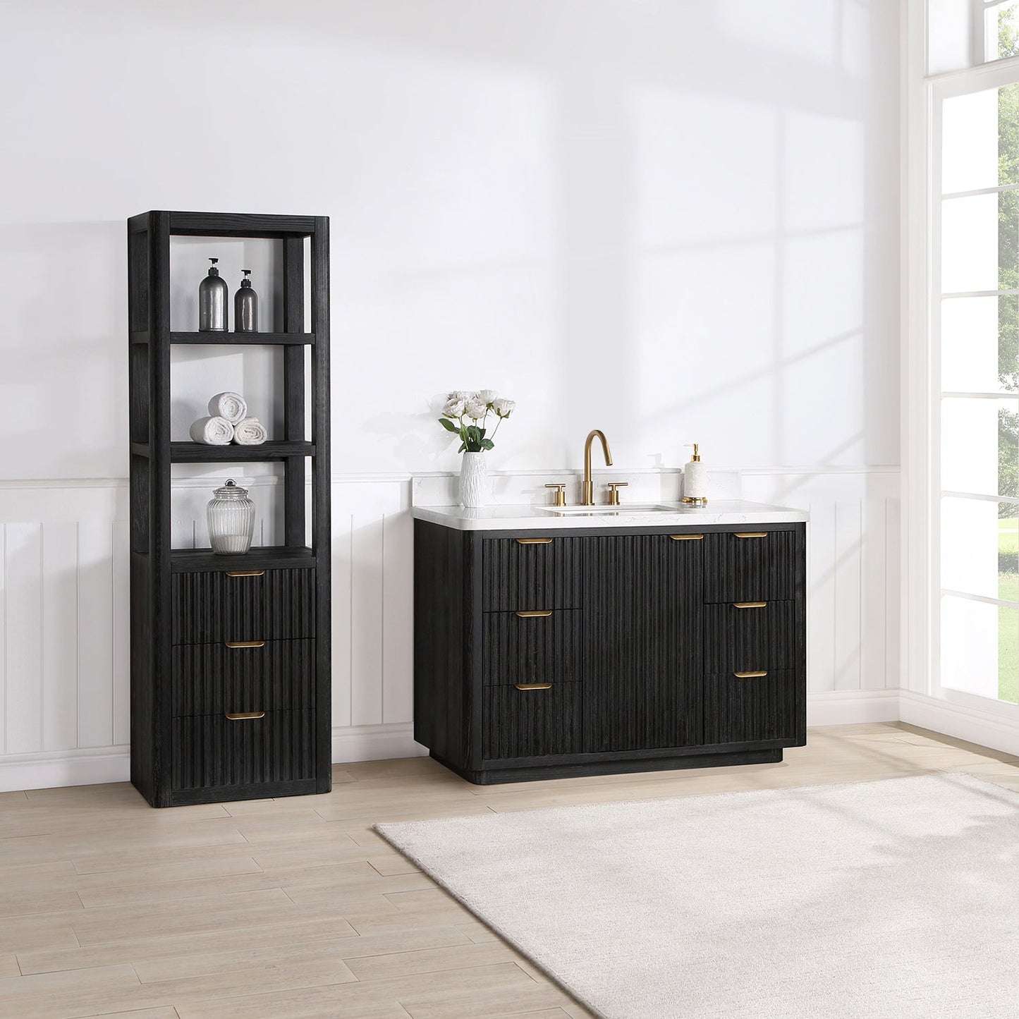 Cádiz 48in. Free-standing Single Bathroom Vanity in Fir Wood Black with Composite top in Lightning White
