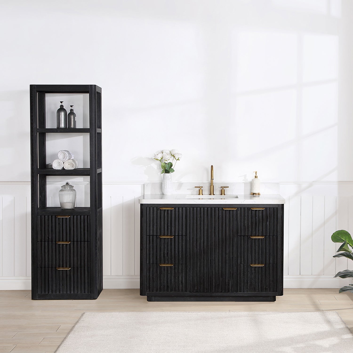 Cádiz 48in. Free-standing Single Bathroom Vanity in Fir Wood Black with Composite top in Lightning White