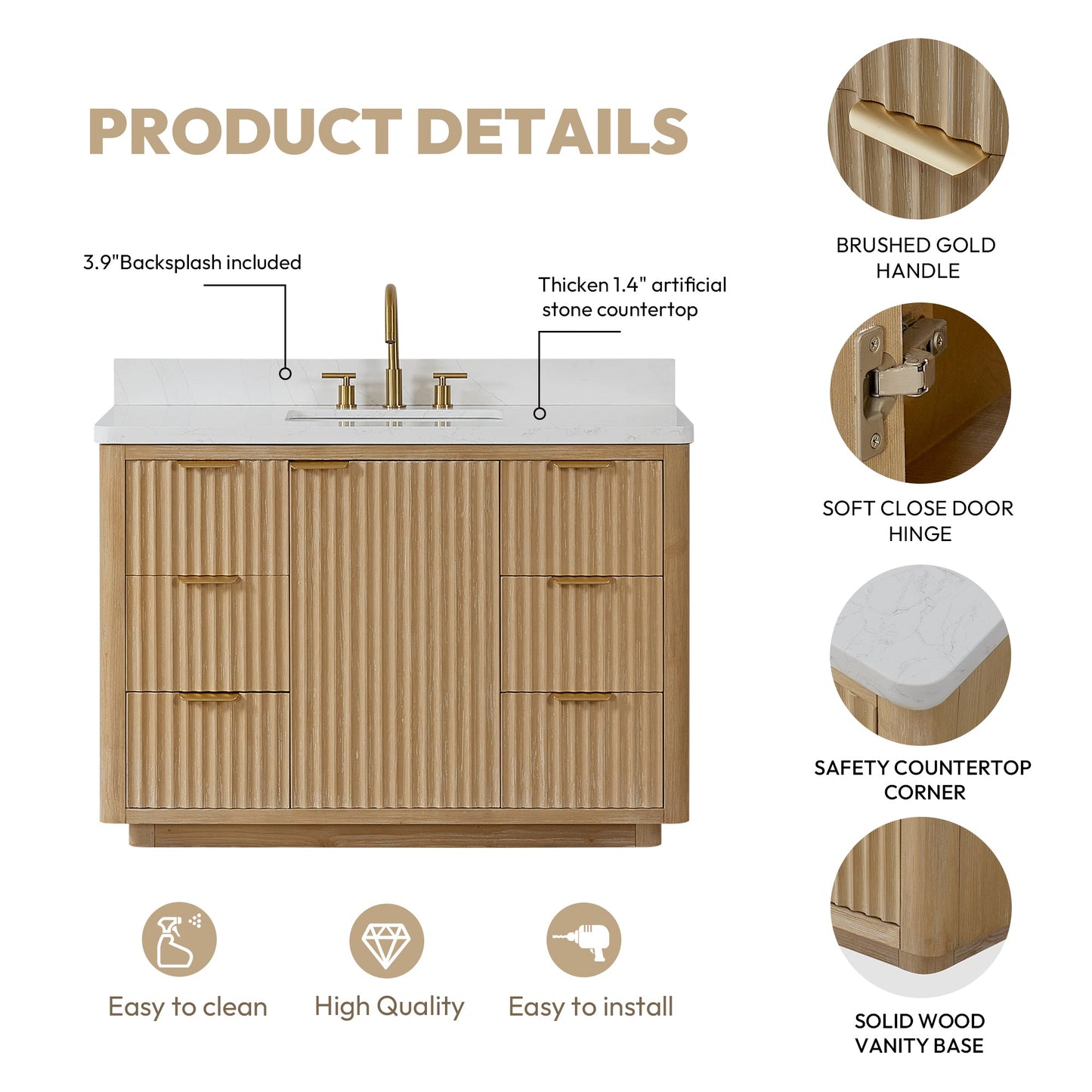 Cádiz 48in. Free-standing Single Bathroom Vanity in Washed Ash Grey with Composite top in Lightning White