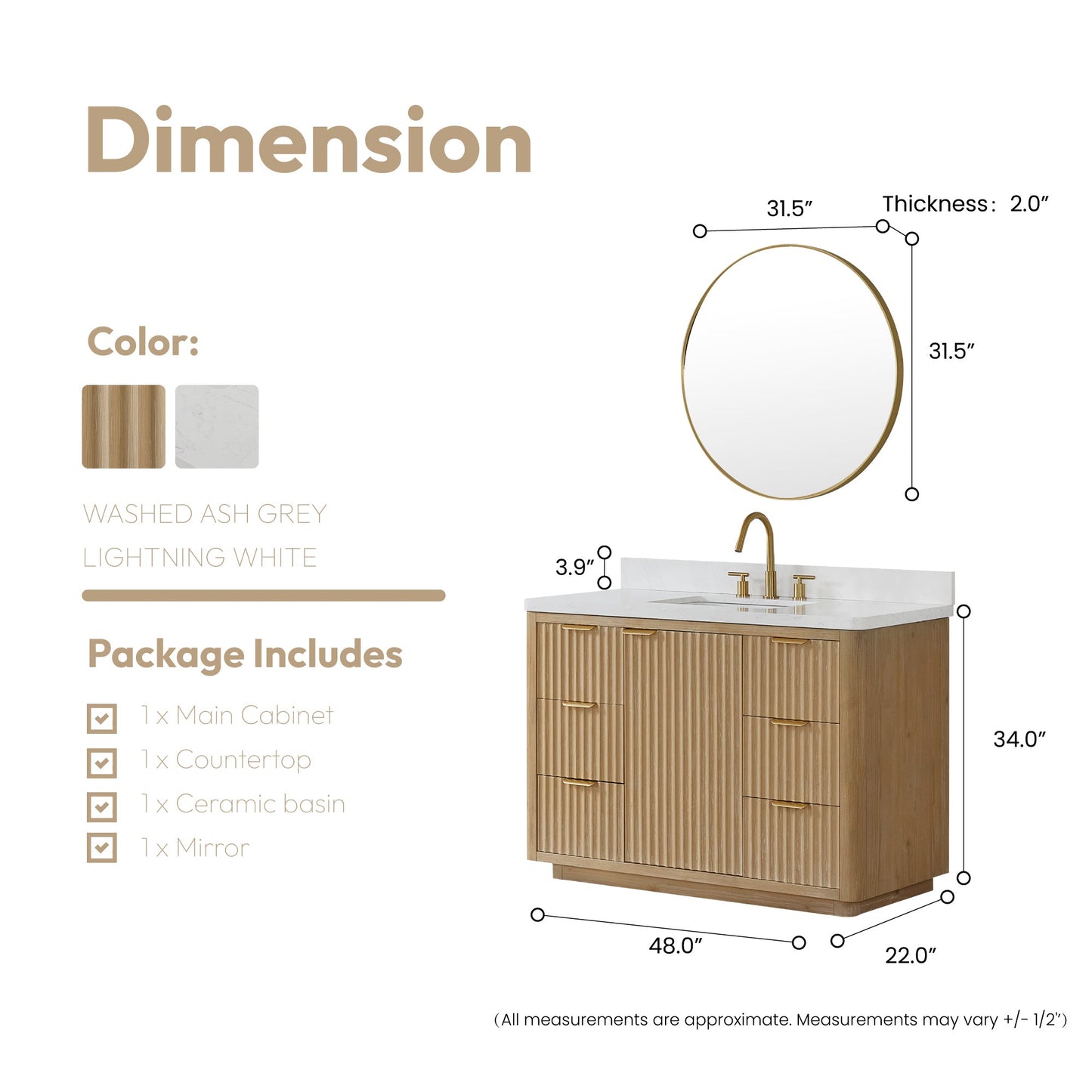 Cádiz 48in. Free-standing Single Bathroom Vanity in Washed Ash Grey with Composite top in Lightning White