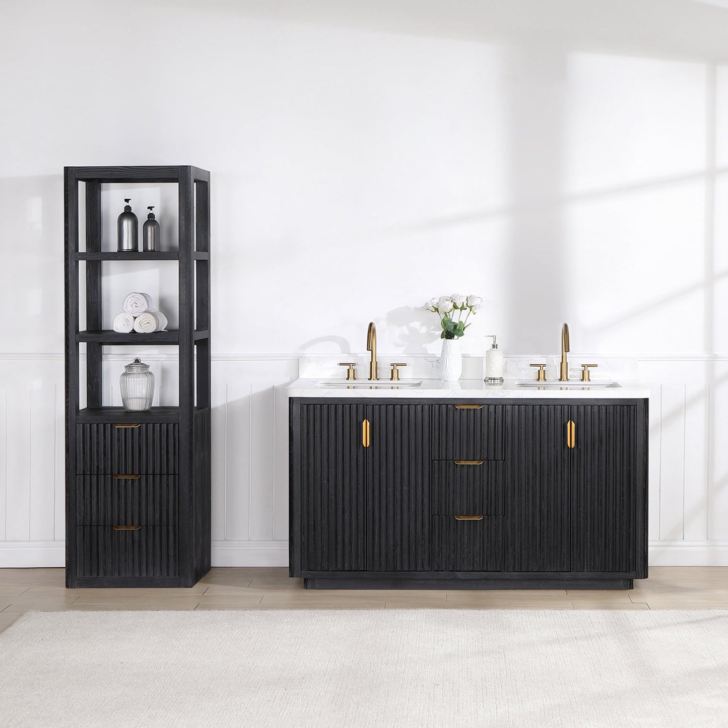 Cádiz 60in. Free-standing Double Bathroom Vanity in Fir Wood Black with Composite top in Lightning White