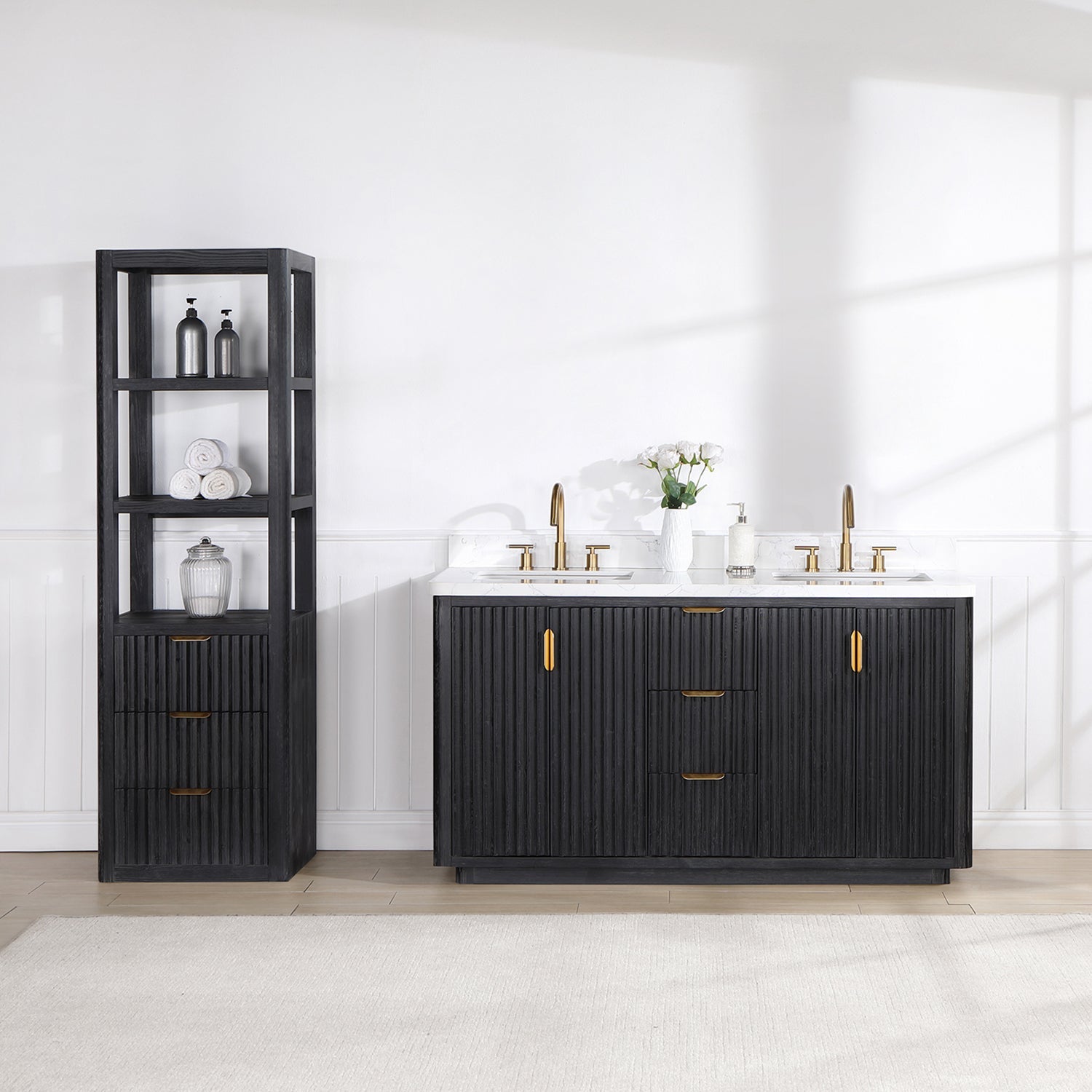 Cádiz 60in. Free-standing Double Bathroom Vanity in Fir Wood Black with Composite top in Lightning White