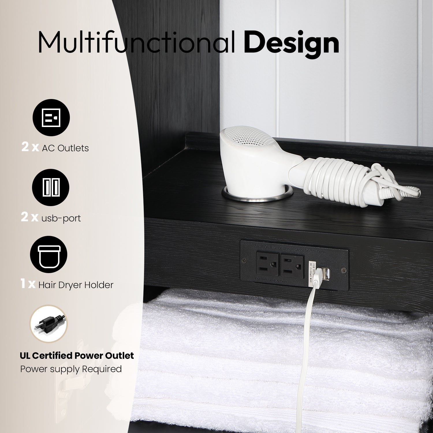 Cádiz 60in. Free-standing Double Bathroom Vanity in Fir Wood Black with Composite top in Lightning White