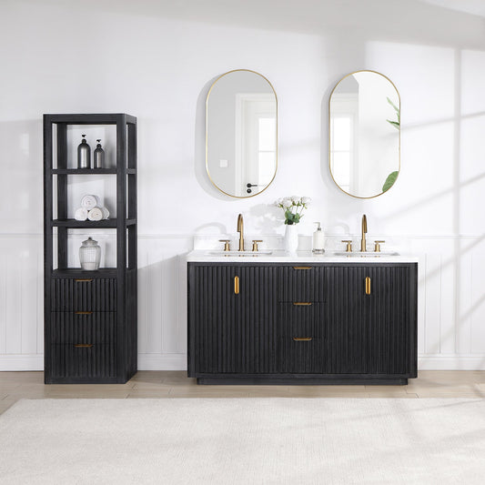 Cádiz 60in. Free-standing Double Bathroom Vanity in Fir Wood Black with Composite top in Lightning White