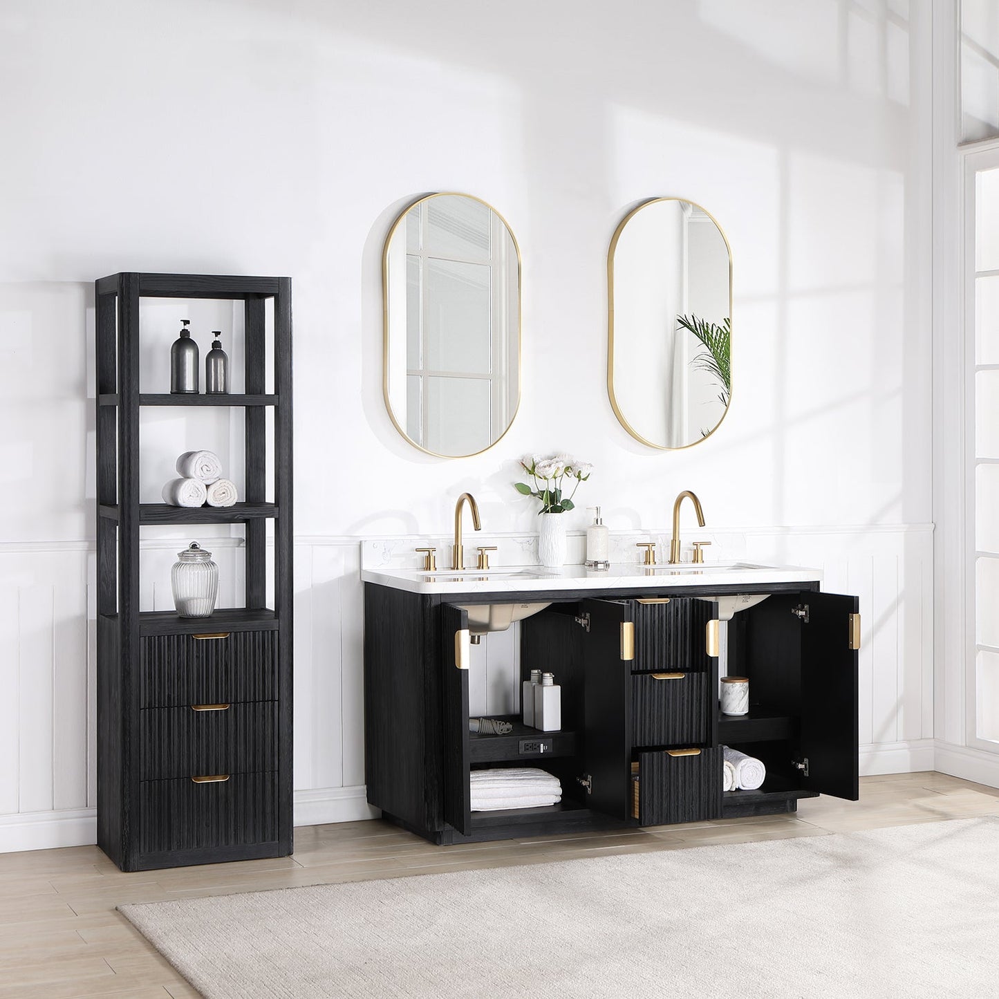 Cádiz 60in. Free-standing Double Bathroom Vanity in Fir Wood Black with Composite top in Lightning White