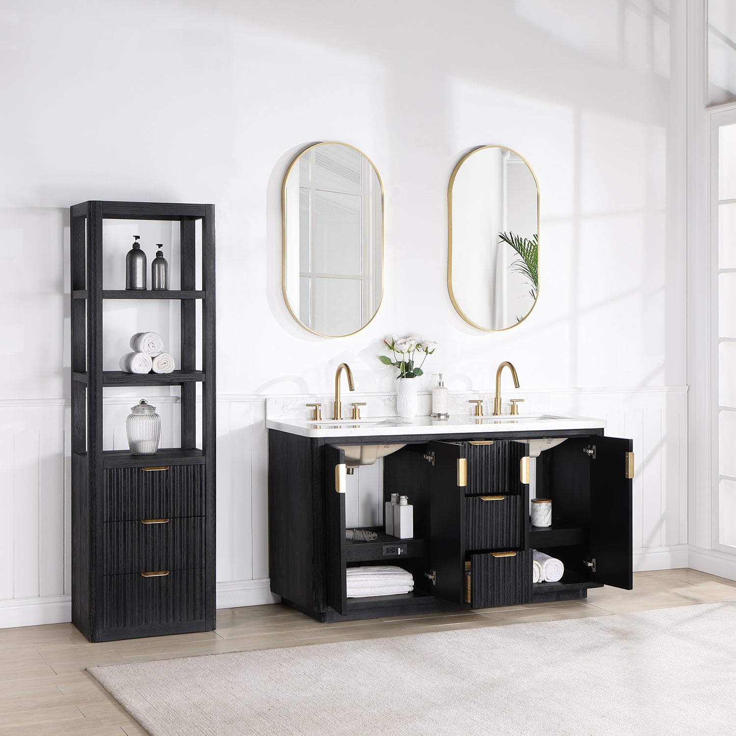 Cádiz 60in. Free-standing Double Bathroom Vanity in Fir Wood Black with Composite top in Lightning White