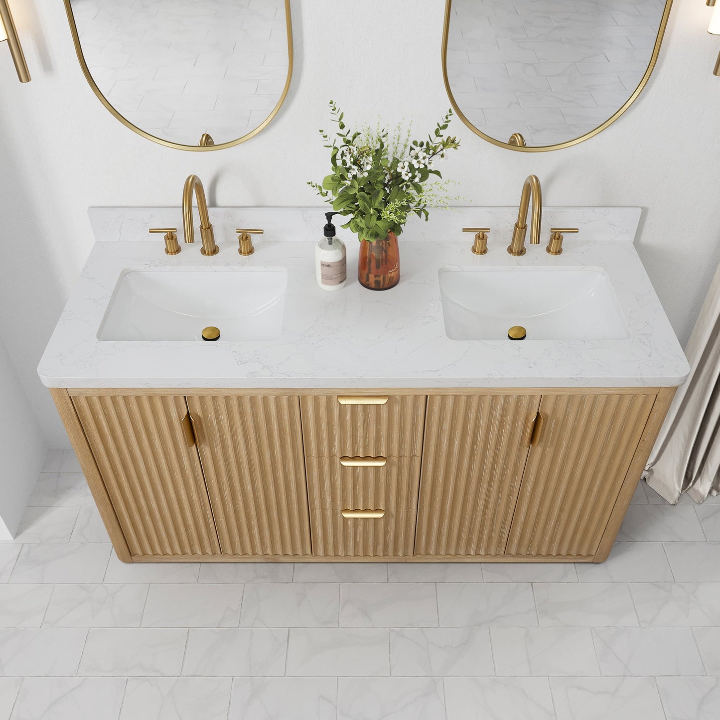 Cádiz 60in. Free-standing Double Bathroom Vanity in Washed Ash Grey with Composite top in Lightning White