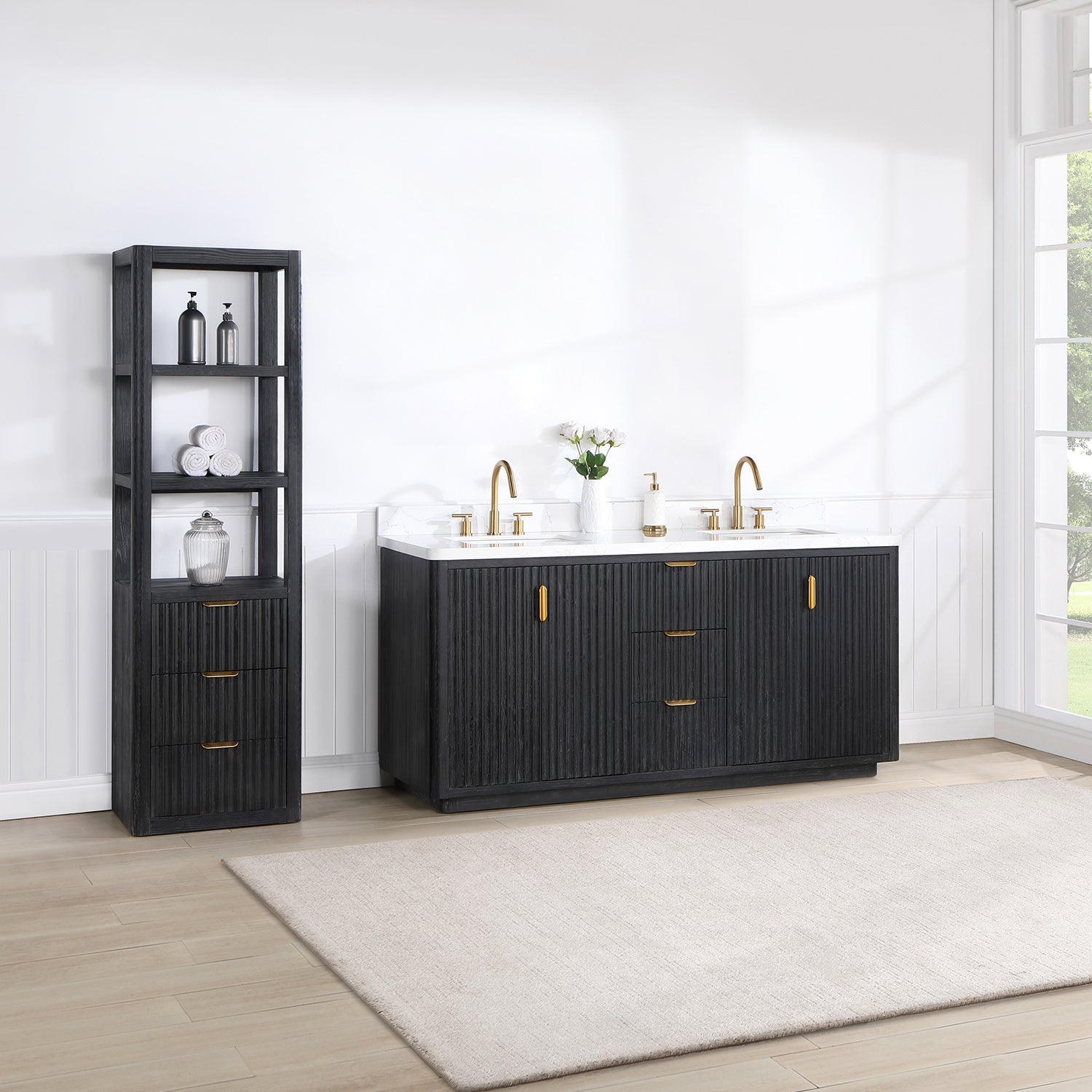 Cádiz 72in. Free-standing Double Bathroom Vanity in Fir Wood Black with Composite top in Lightning White