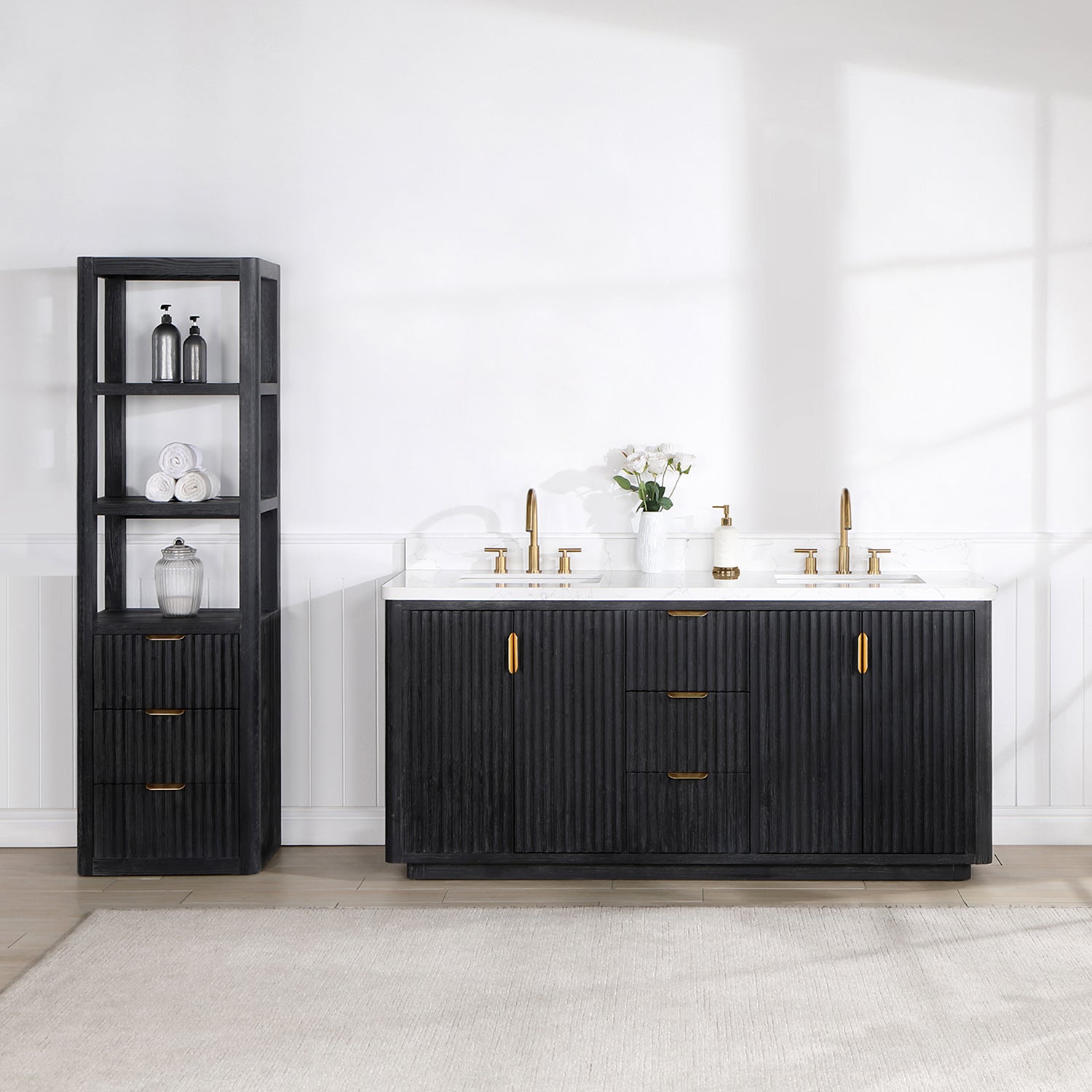 Cádiz 72in. Free-standing Double Bathroom Vanity in Fir Wood Black with Composite top in Lightning White