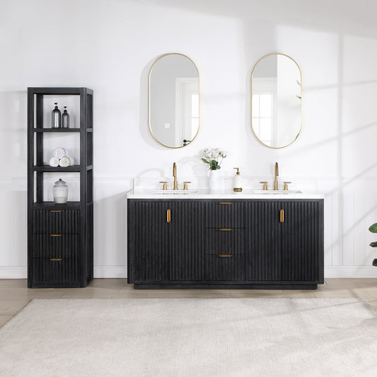 Cádiz 72in. Free-standing Double Bathroom Vanity in Fir Wood Black with Composite top in Lightning White