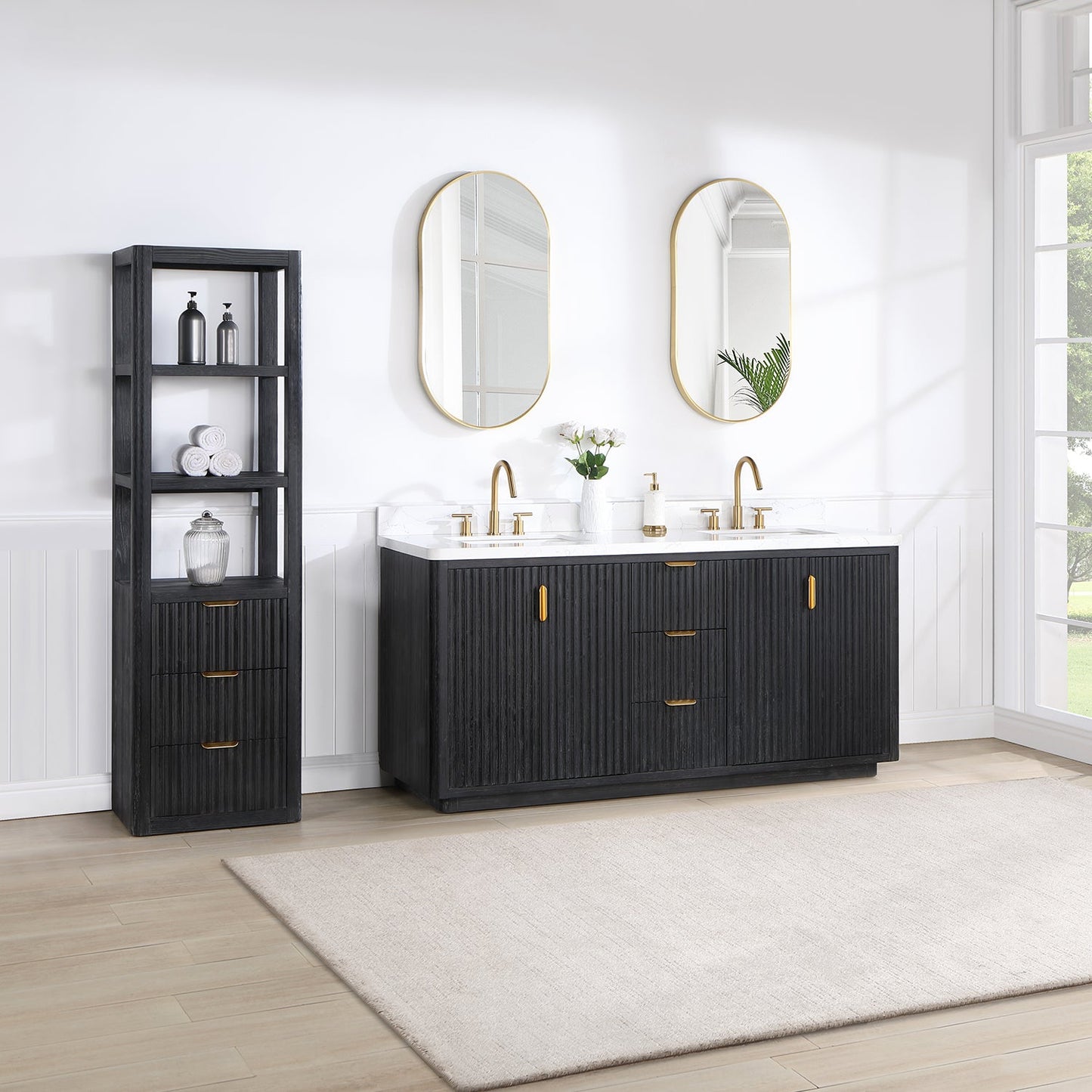 Cádiz 72in. Free-standing Double Bathroom Vanity in Fir Wood Black with Composite top in Lightning White