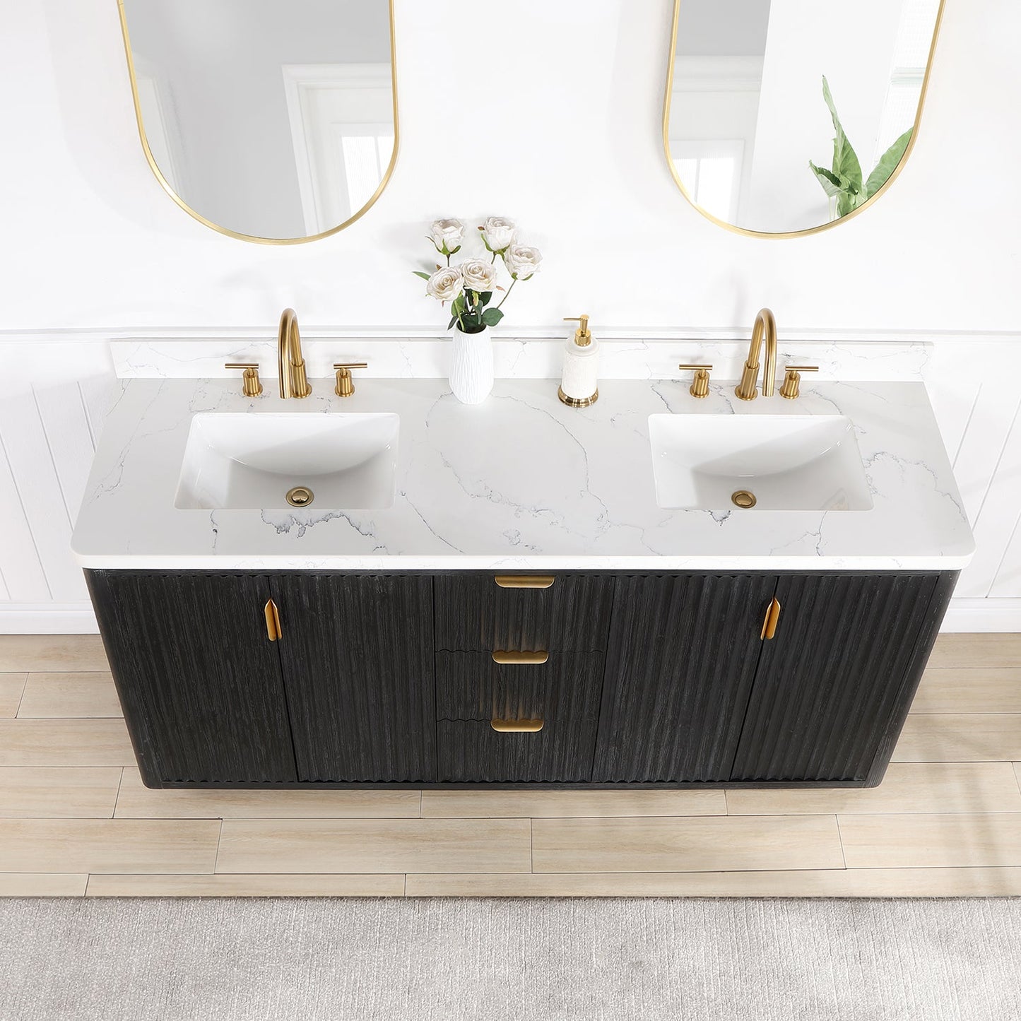 Cádiz 72in. Free-standing Double Bathroom Vanity in Fir Wood Black with Composite top in Lightning White