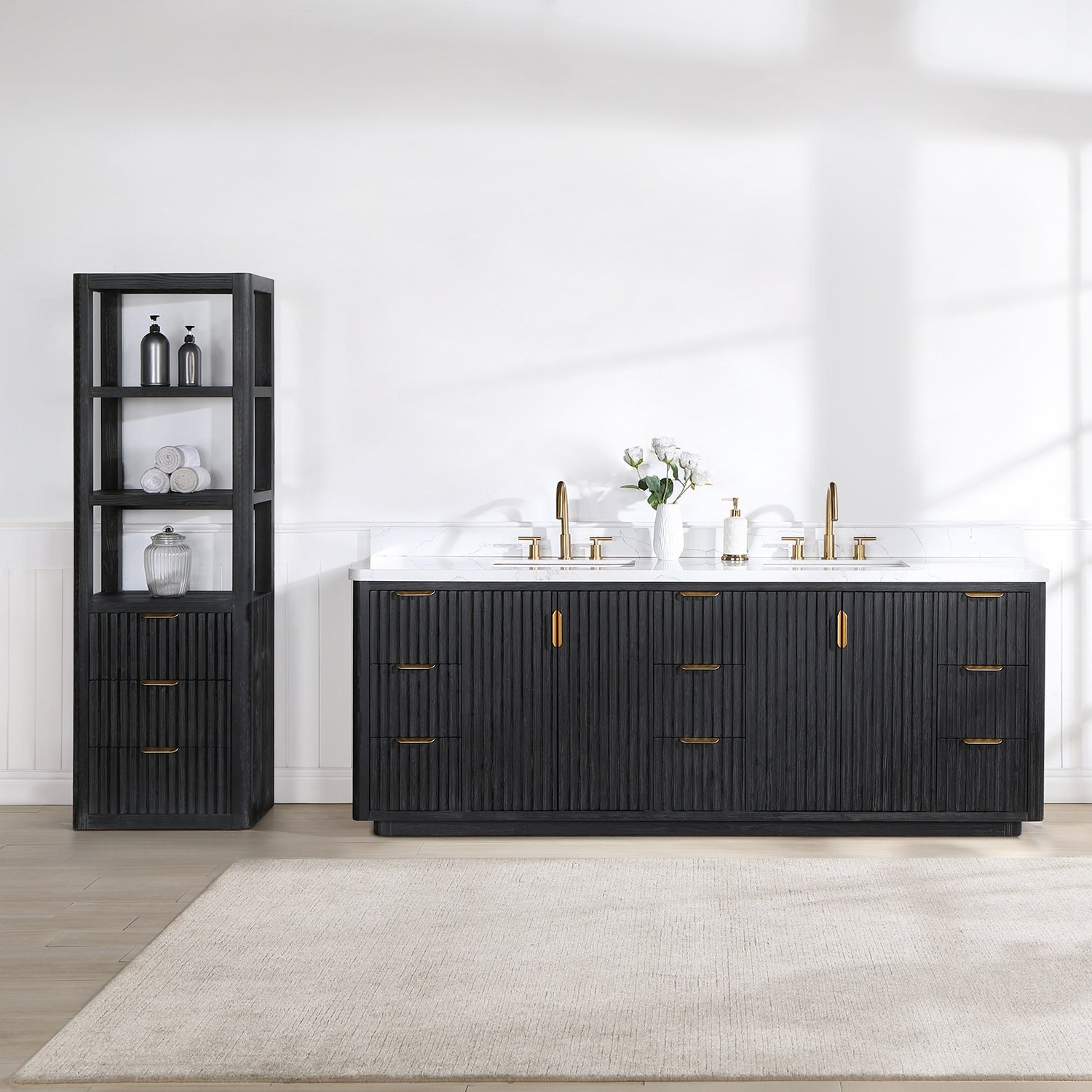 Cádiz 84in. Free-standing Double Bathroom Vanity in Fir Wood Black with Composite top in Lightning White