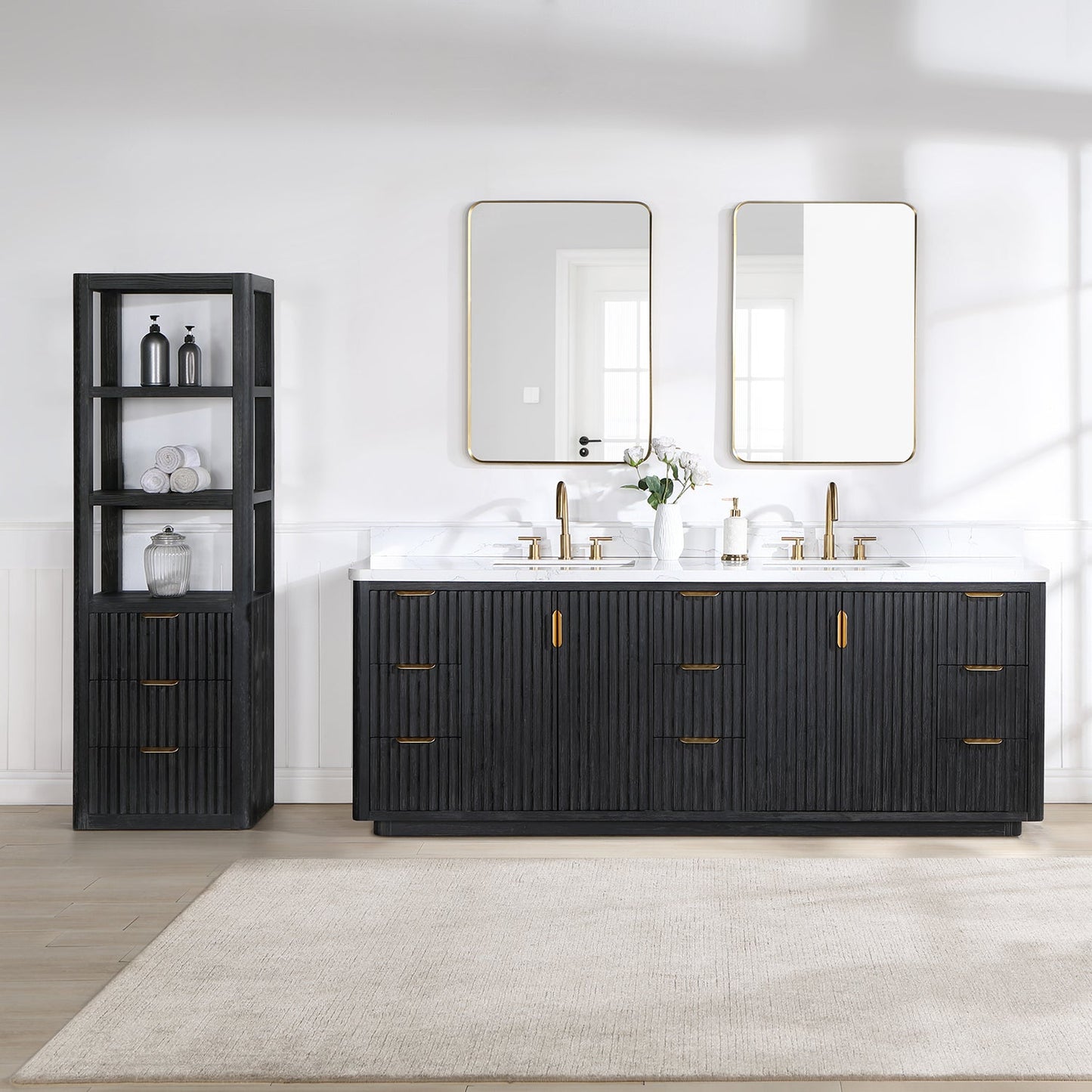 Cádiz 84in. Free-standing Double Bathroom Vanity in Fir Wood Black with Composite top in Lightning White