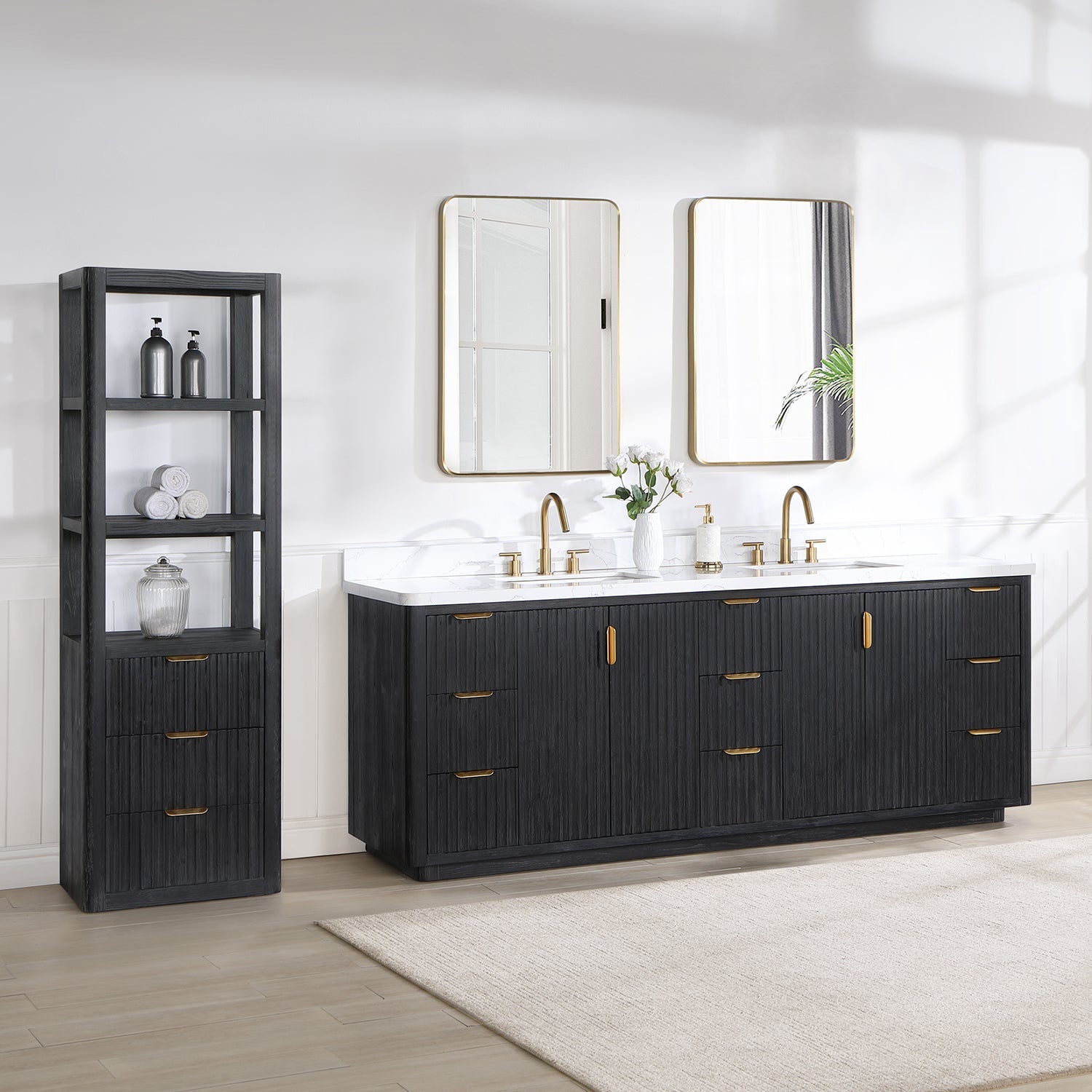 Cádiz 84in. Free-standing Double Bathroom Vanity in Fir Wood Black with Composite top in Lightning White