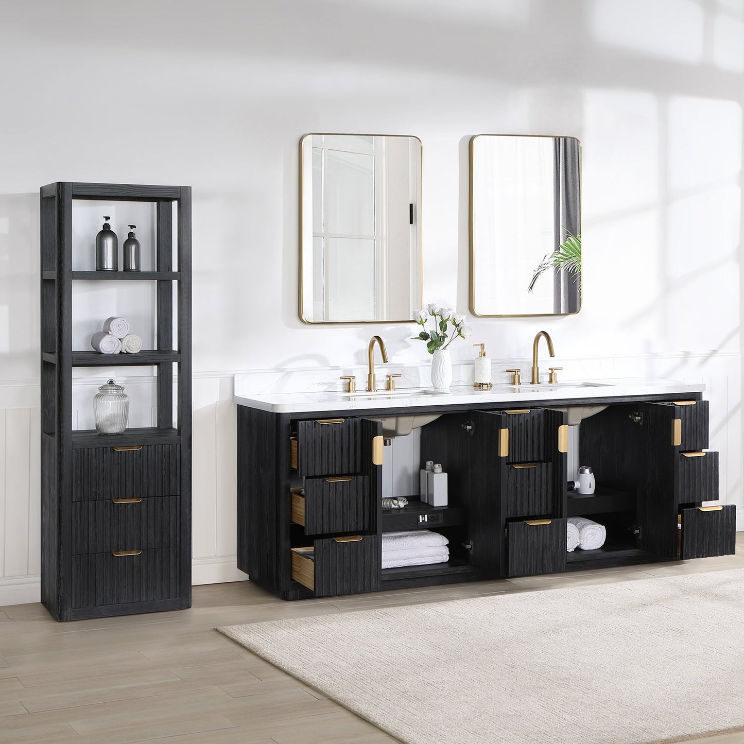 Cádiz 84in. Free-standing Double Bathroom Vanity in Fir Wood Black with Composite top in Lightning White