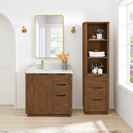 Abuja 36" Free-standing Single Bath Vanity in Oak Weathered Brown with White Grain Stone Top