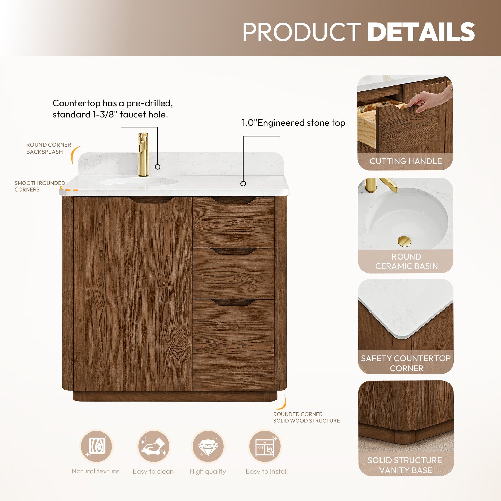 Abuja 36" Free-standing Single Bath Vanity in Oak Weathered Brown with White Grain Stone Top
