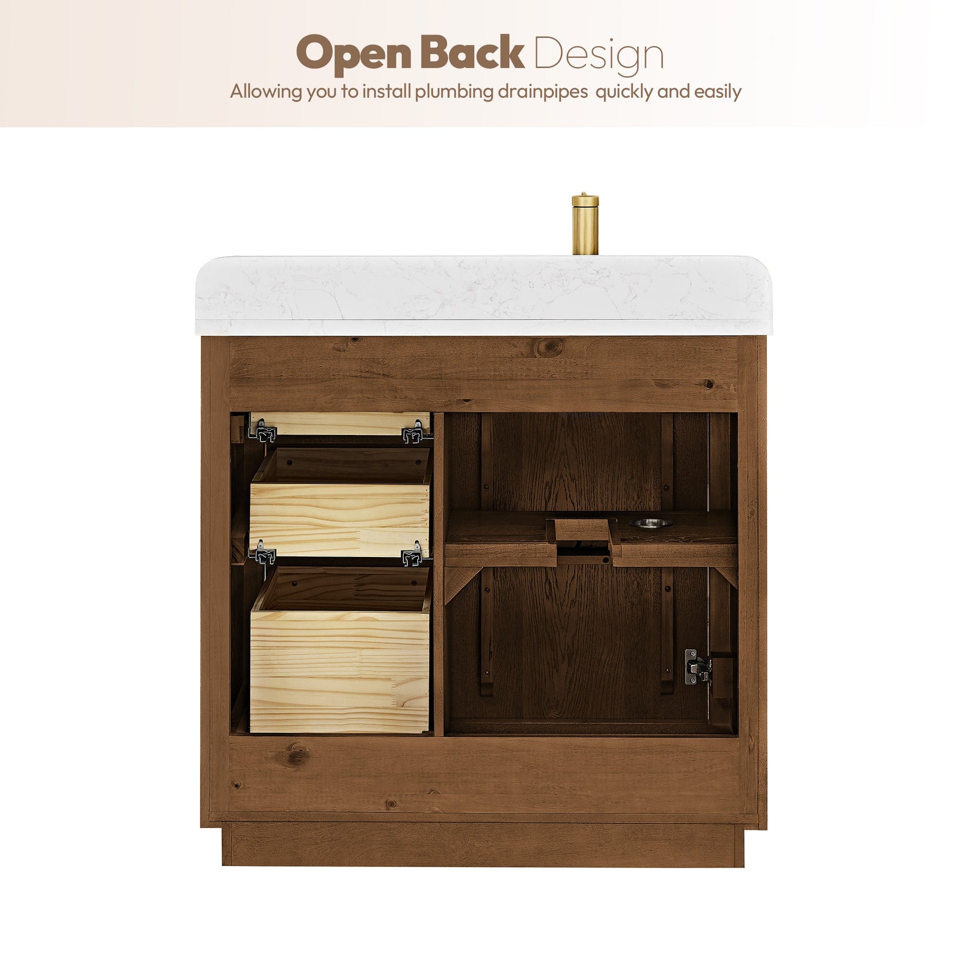 Abuja 36" Free-standing Single Bath Vanity in Oak Weathered Brown with White Grain Stone Top