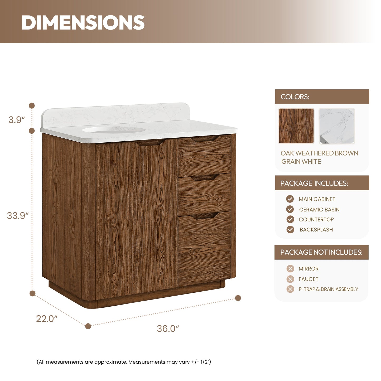 Abuja 36" Free-standing Single Bath Vanity in Oak Weathered Brown with White Grain Stone Top