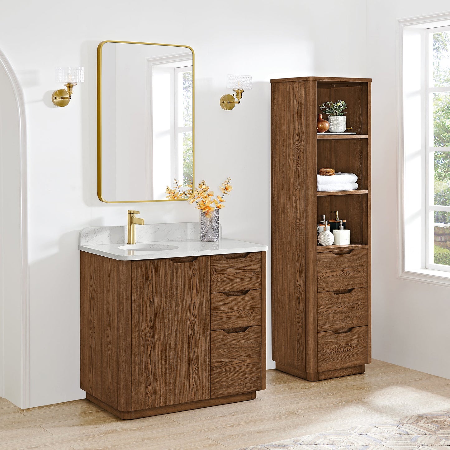 Abuja 36" Free-standing Single Bath Vanity in Oak Weathered Brown with White Grain Stone Top