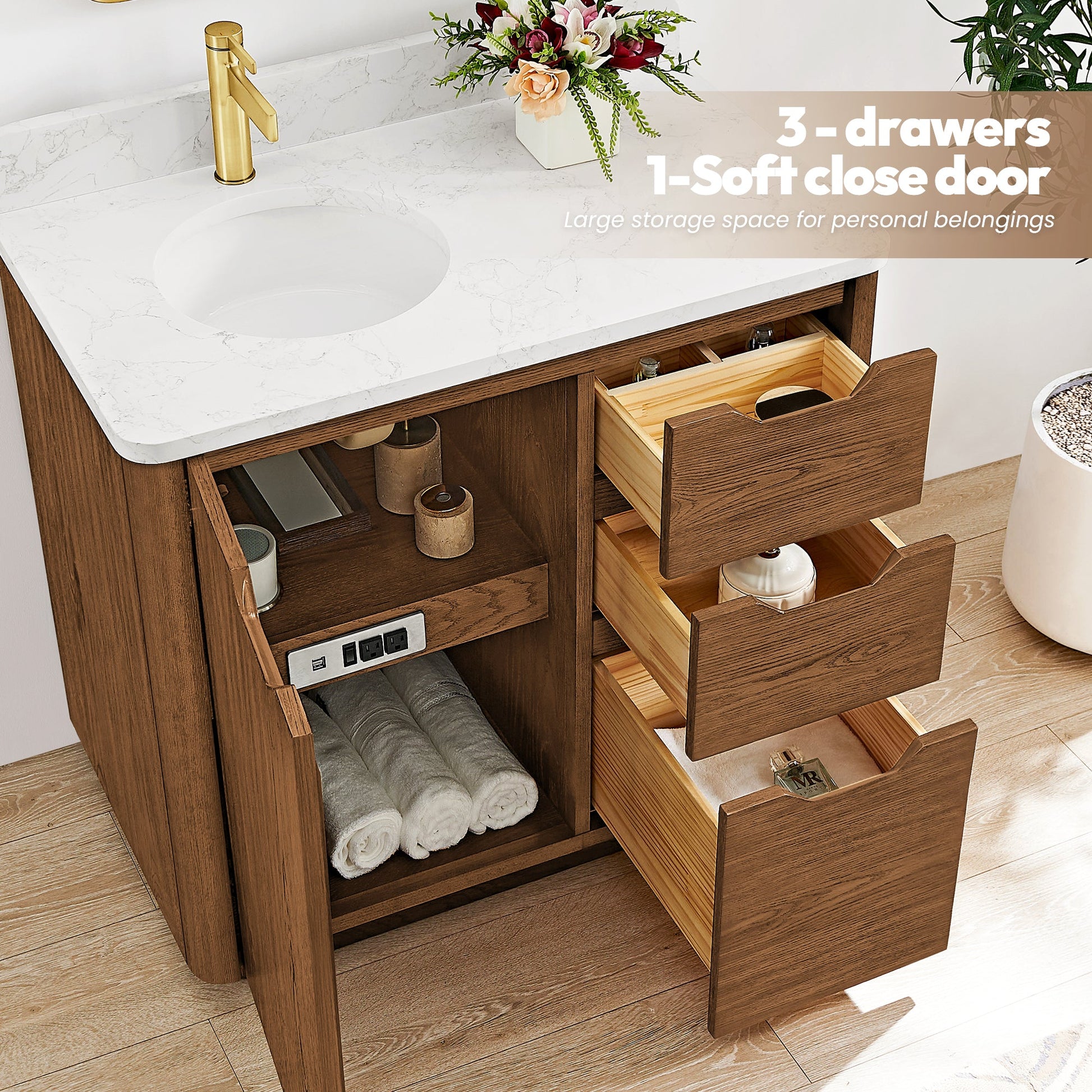 Abuja 36" Free-standing Single Bath Vanity in Oak Weathered Brown with White Grain Stone Top