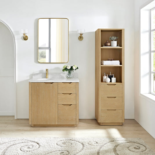 Abuja 36" Free-standing Single Bath Vanity in Washed Ash Grey with White Grain Stone Top