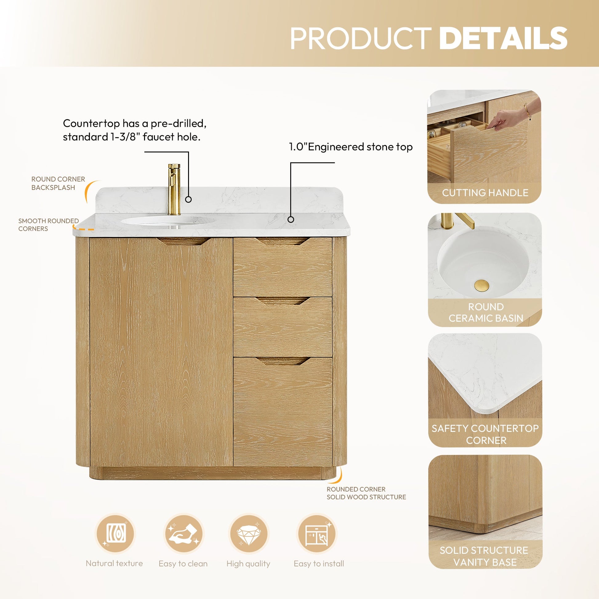 Abuja 36" Free-standing Single Bath Vanity in Washed Ash Grey with White Grain Stone Top