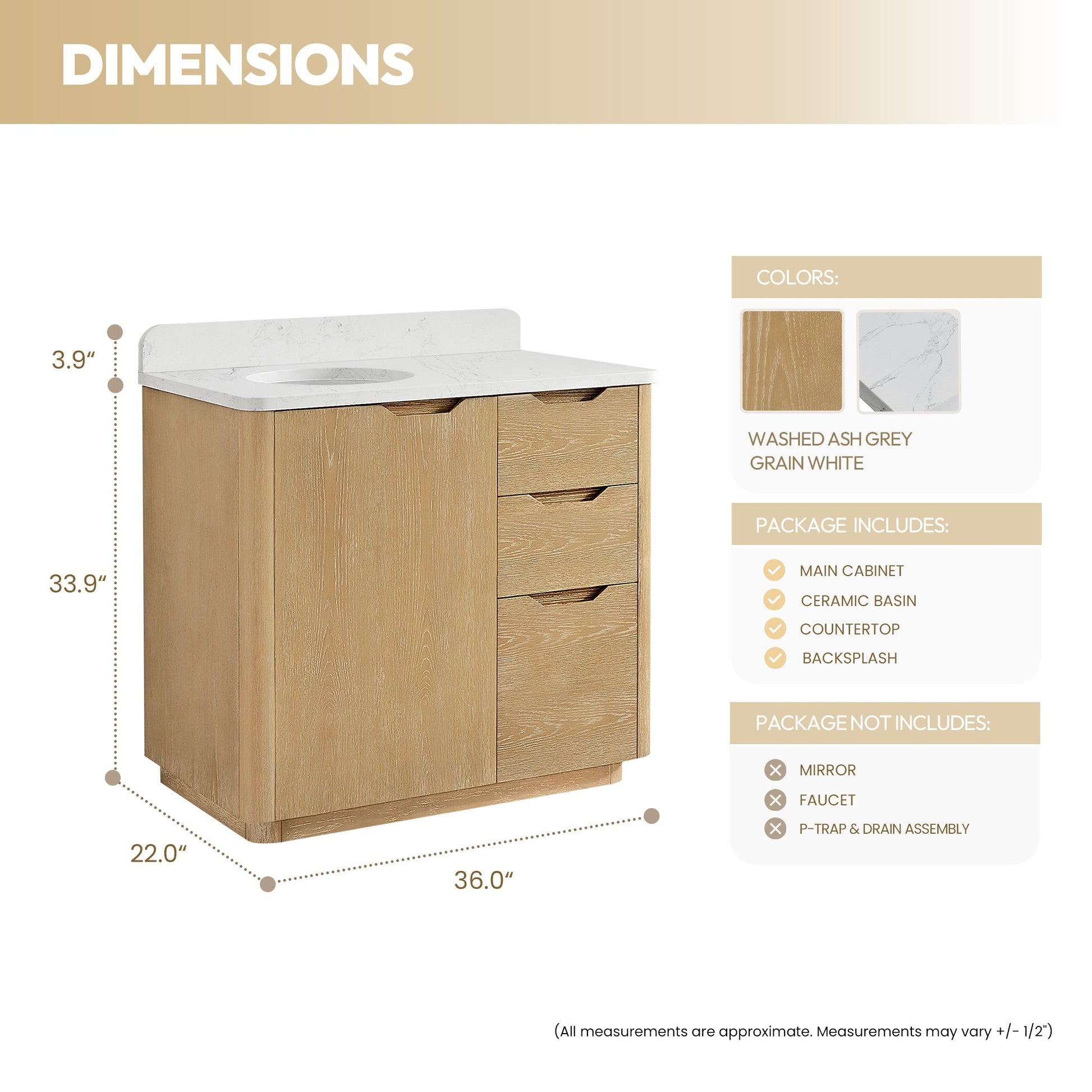 Abuja 36" Free-standing Single Bath Vanity in Washed Ash Grey with White Grain Stone Top