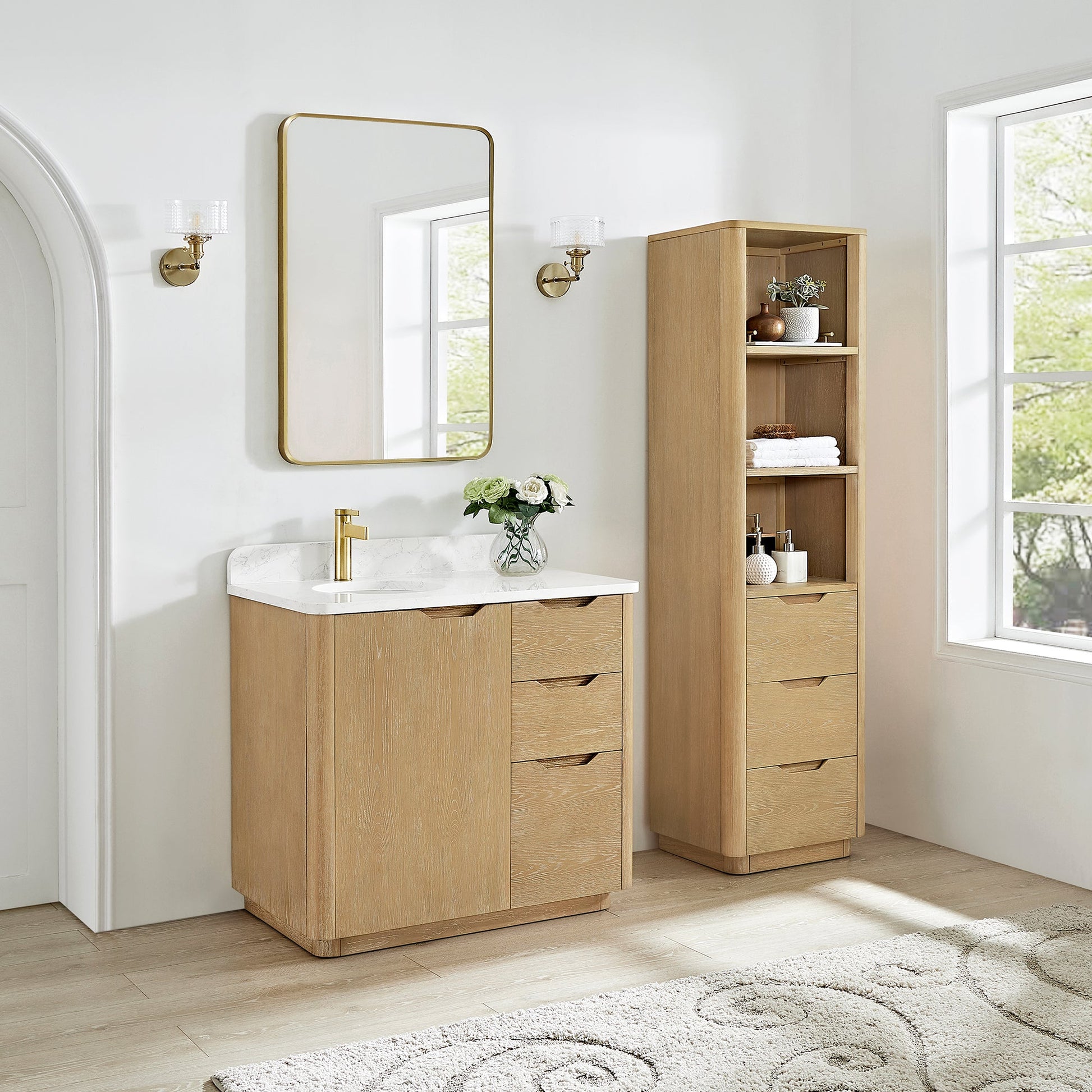 Abuja 36" Free-standing Single Bath Vanity in Washed Ash Grey with White Grain Stone Top