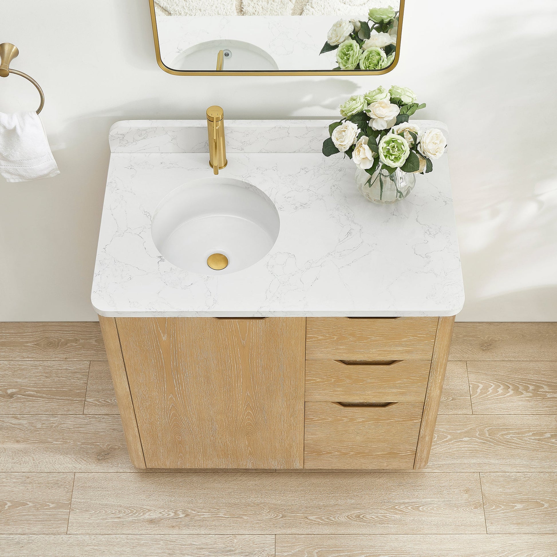 Abuja 36" Free-standing Single Bath Vanity in Washed Ash Grey with White Grain Stone Top