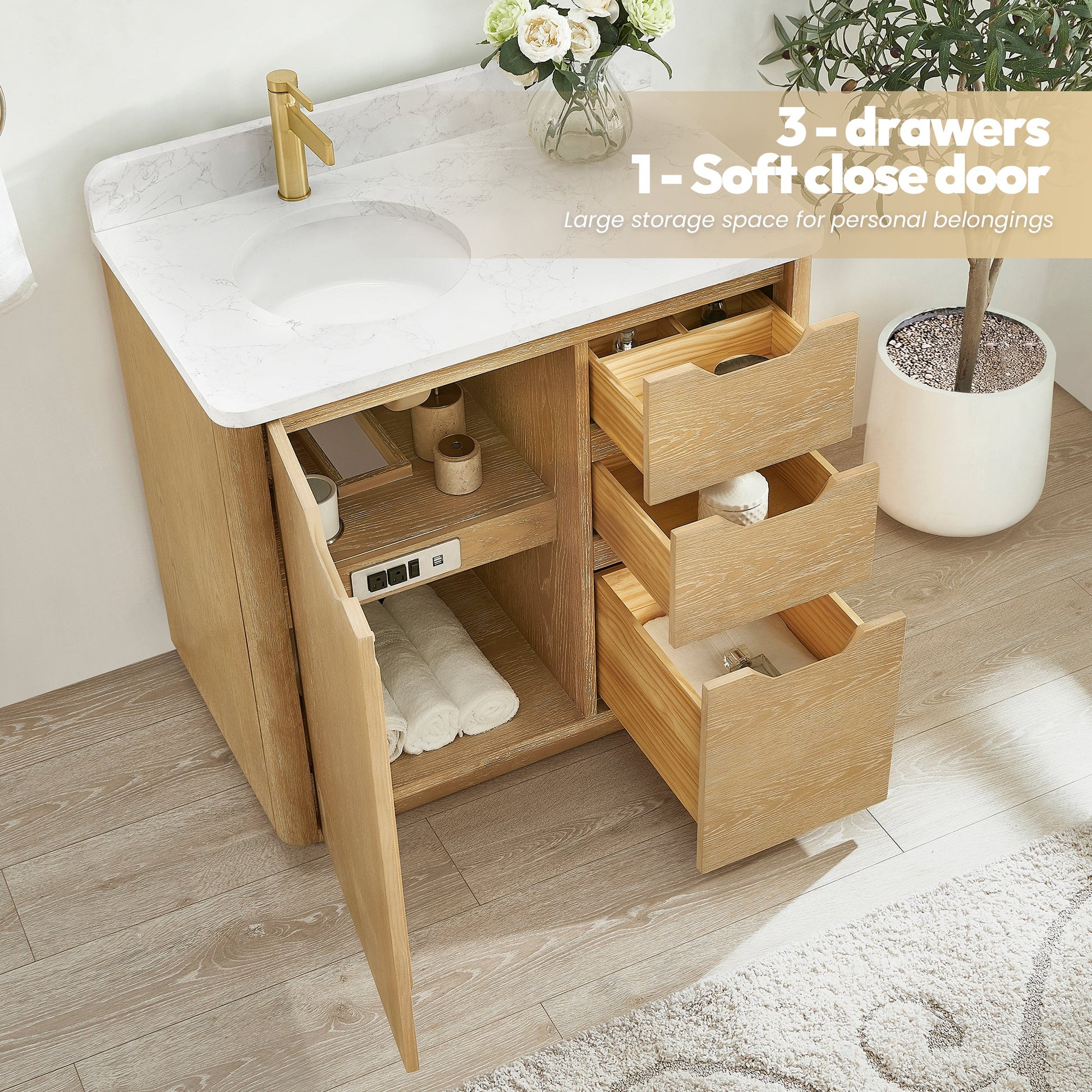 Abuja 36" Free-standing Single Bath Vanity in Washed Ash Grey with White Grain Stone Top