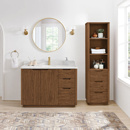 Abuja 48" Free-standing Single Bath Vanity in Oak Weathered Brown with White Grain Stone Top