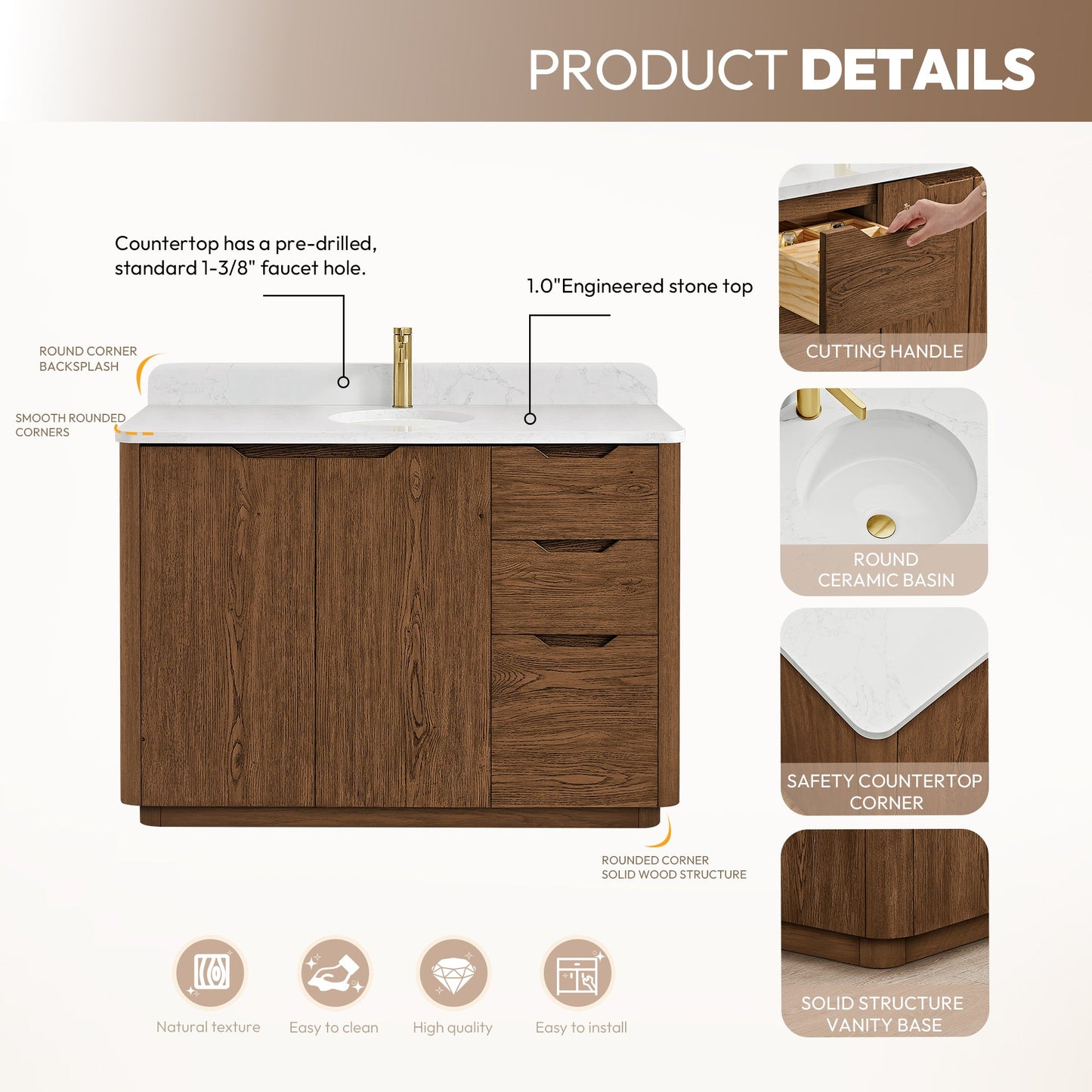 Abuja 48" Free-standing Single Bath Vanity in Oak Weathered Brown with White Grain Stone Top